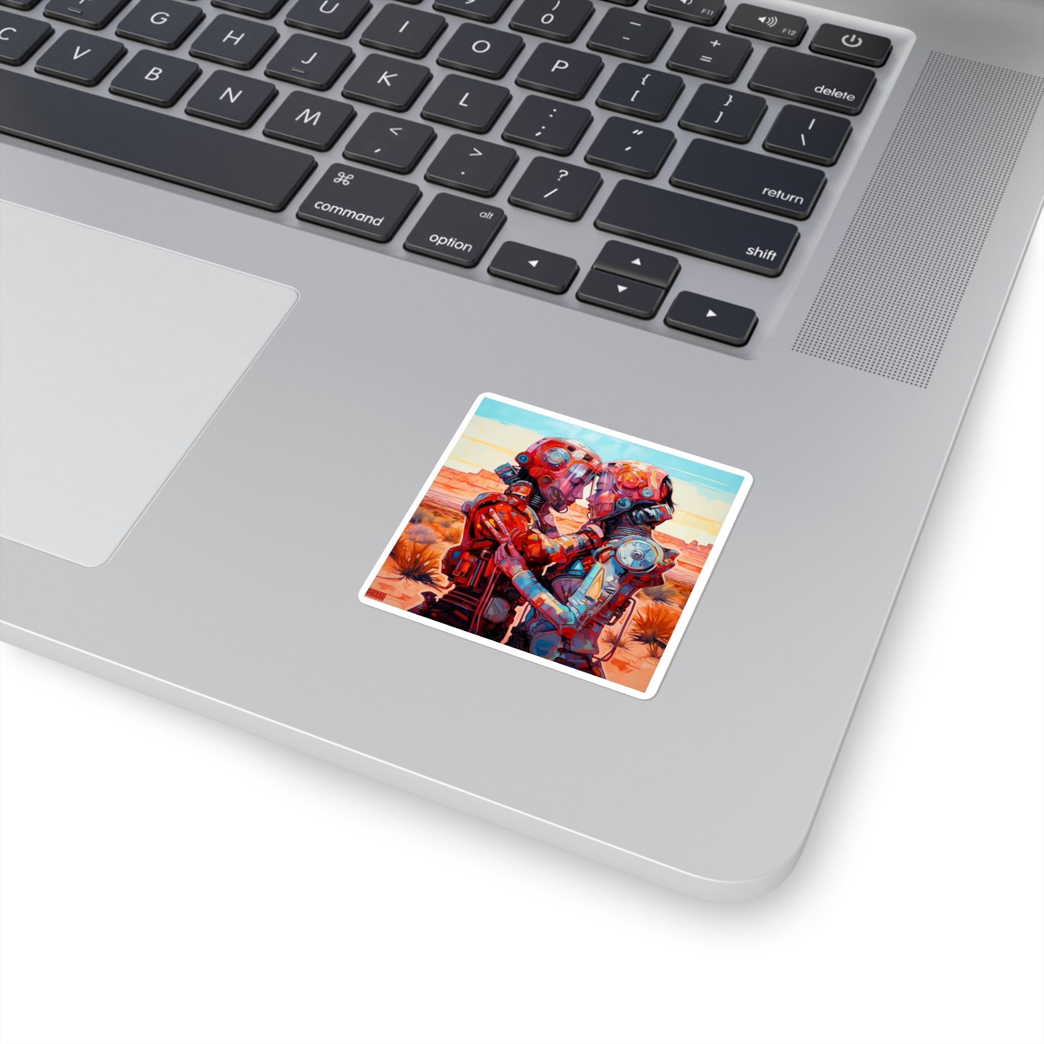 Square Sticker — Retro Futuristic Robots Embrace (Colorful Sci‑Fi Art)