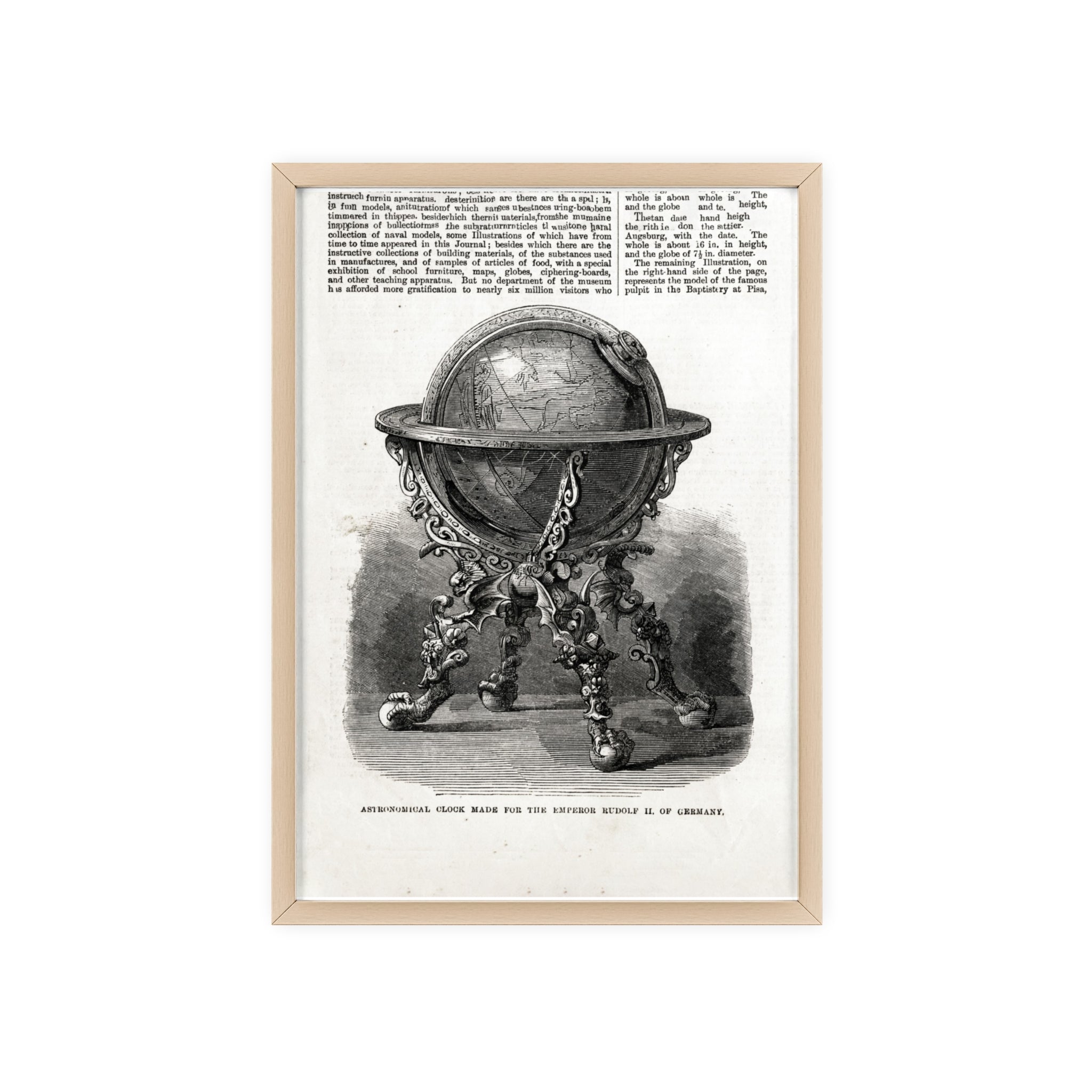 Astronomical Clock made for the Emperor RUDOLPH II, of Germany. Vintage Globe Illustration Poster with Wooden Frame — Antique Map Print