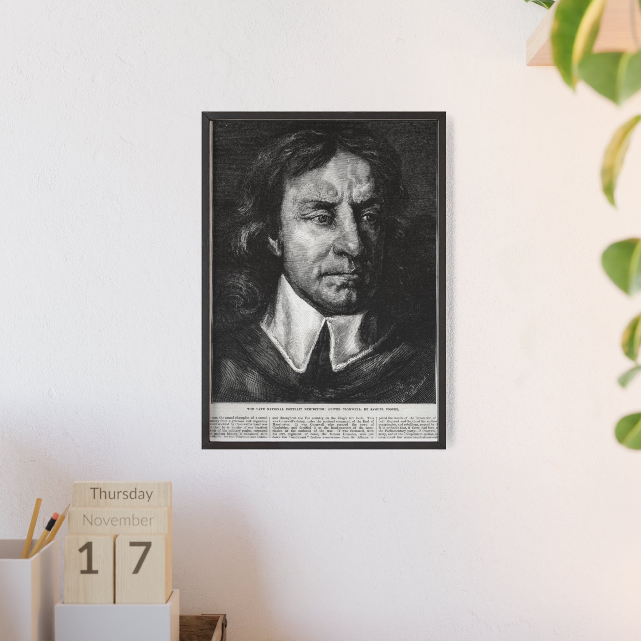 OLIVER CROMWELL. Historical Portrait Poster with Wooden Frame — Vintage Chalk-Style Print
