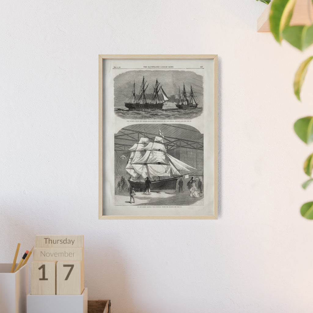 Vintage Nautical Ship Poster with Wooden Frame – Antique Sailing Print Wall Art