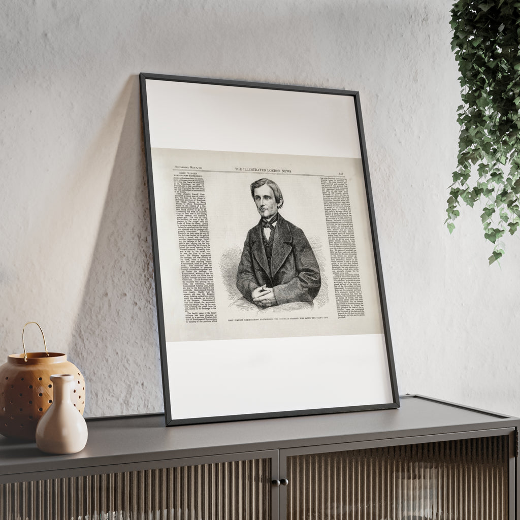 OSSIP IVANOFF, the peasant who saved the CZAR's Life. Vintage Illustrated Portrait Poster with Wooden Frame — Antique Newspaper Art Print