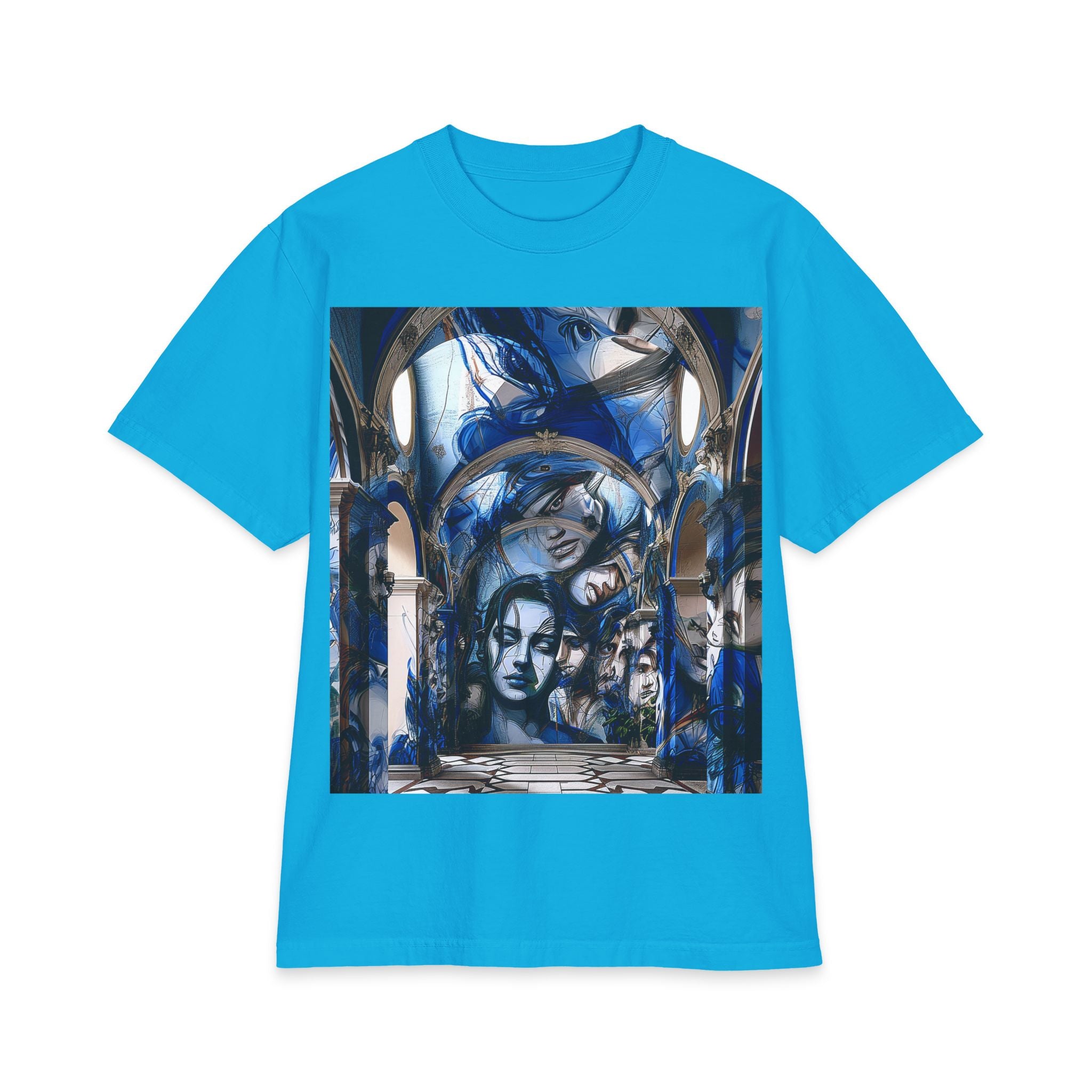 Artistic Portrait Tee — Blue Surreal Faces Graphic T-Shirt