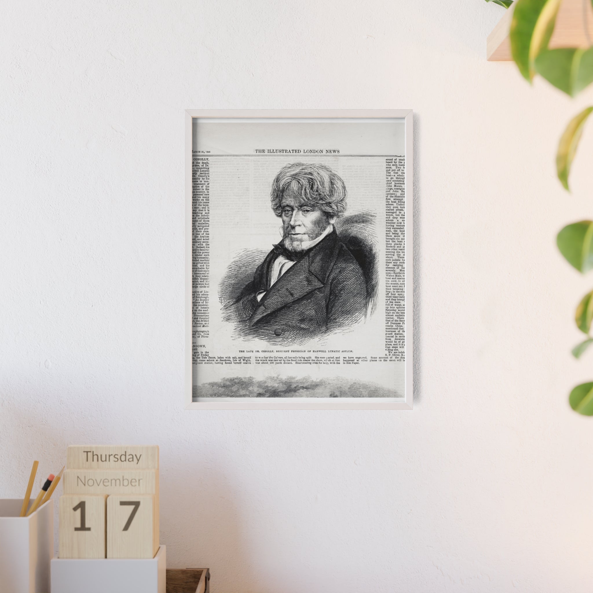 Dr. Conolly, Resident Physician of Hanwell Lunatic Asylum. Framed Vintage Portrait Print — Antique Newspaper Illustration Poster