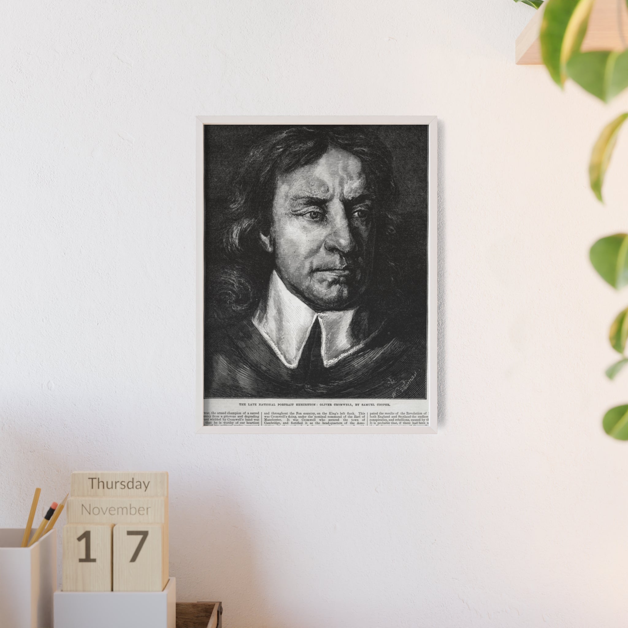OLIVER CROMWELL. Historical Portrait Poster with Wooden Frame — Vintage Chalk-Style Print