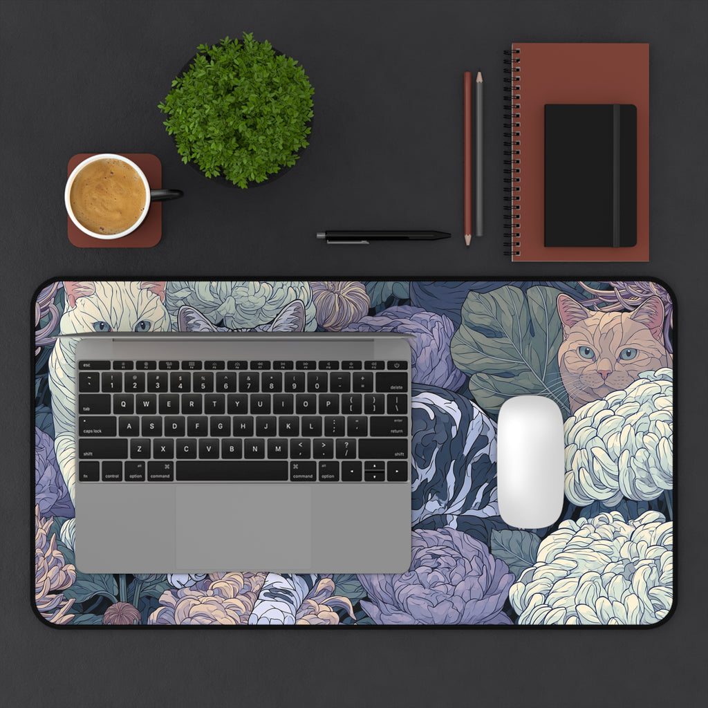 Floral Cats Desk Mat — Vintage Botanical Cat Mousepad for Home Office