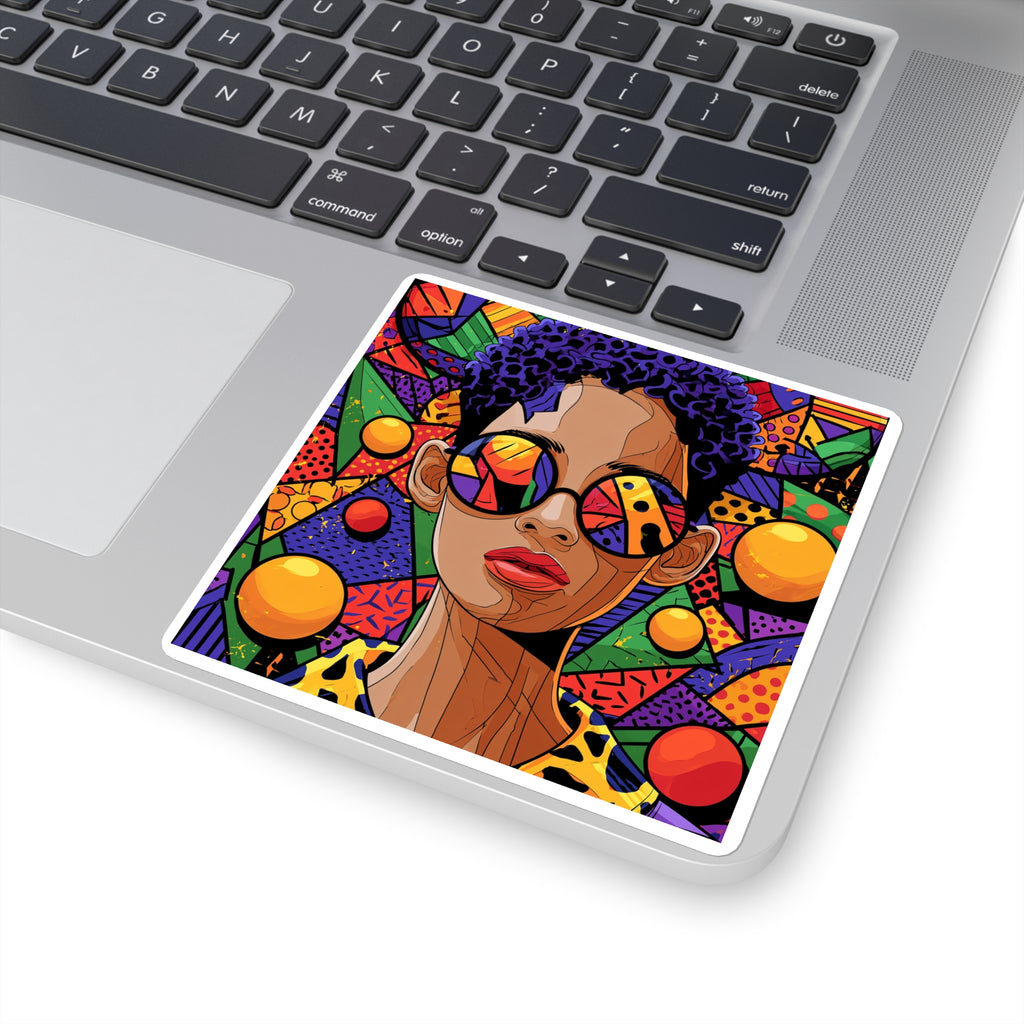 Vibrant Afro Pop Art Square Sticker — Colorful Retro Woman with Sunglasses