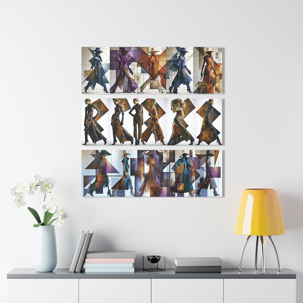 Fashion Figures Triptych Acrylic Wall Art – Modern Geometric Runway Print