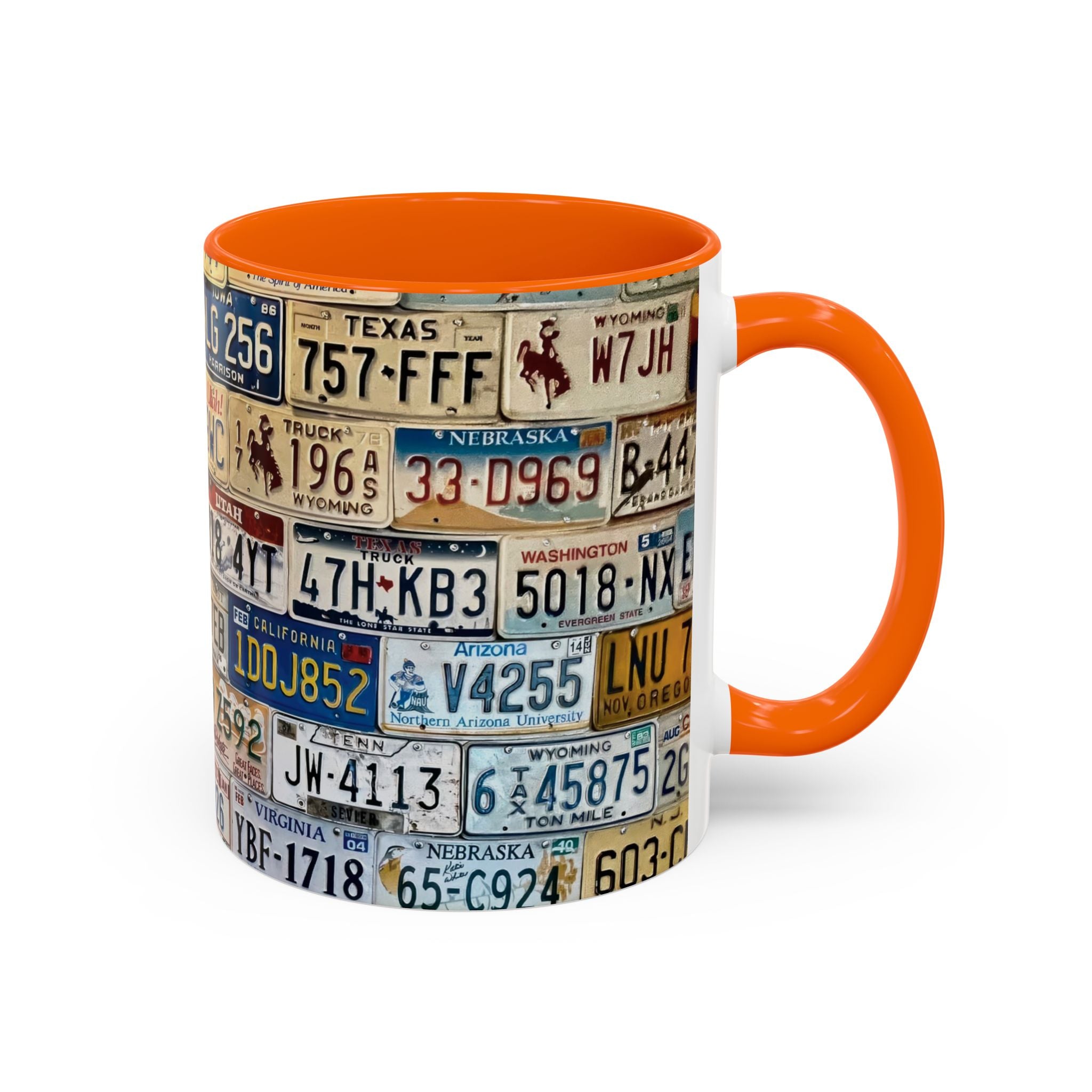 License Plate Collage Coffee Mug — Route 66, Vintage Road Trip Accent Mug