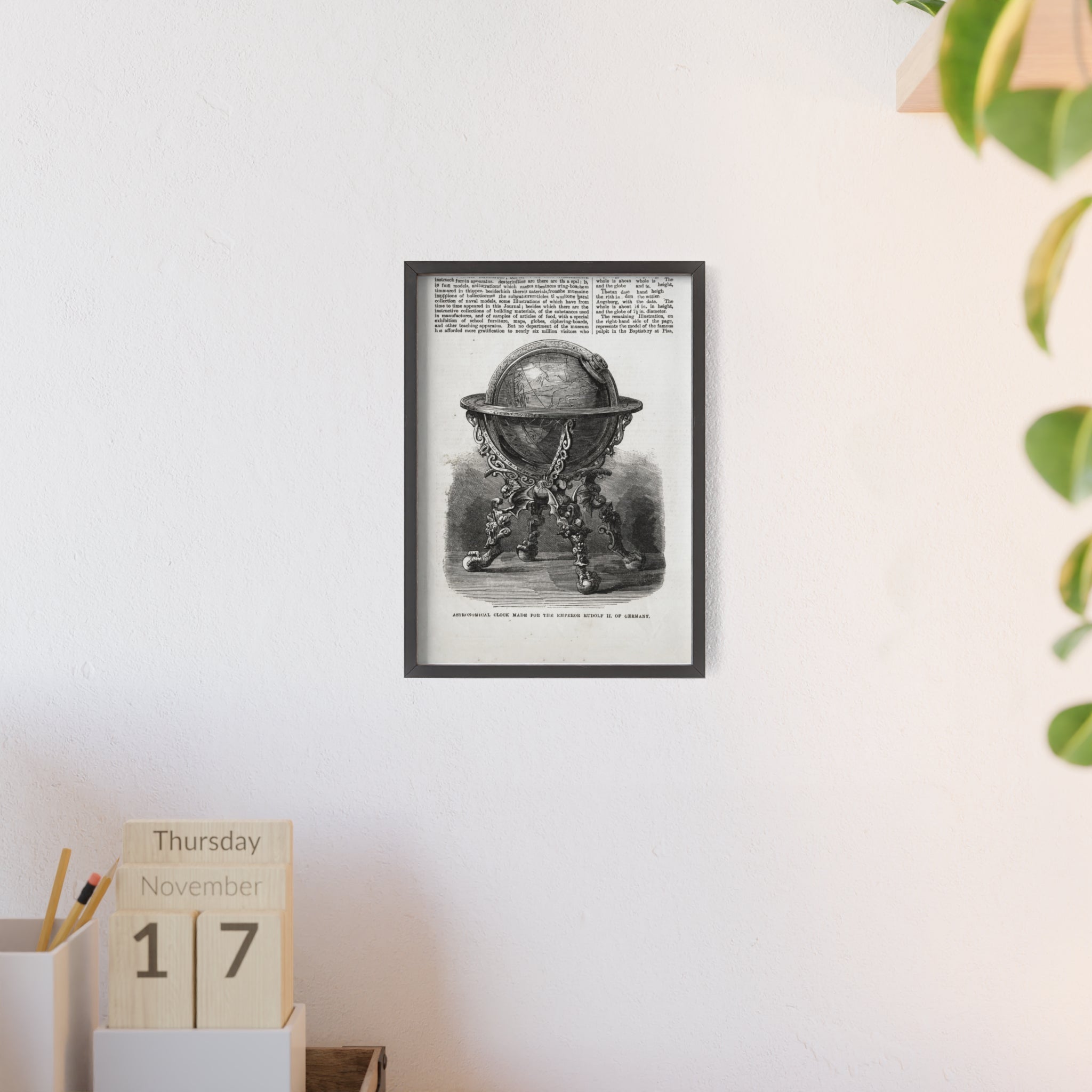 Astronomical Clock made for the Emperor RUDOLPH II, of Germany. Vintage Globe Illustration Poster with Wooden Frame — Antique Map Print