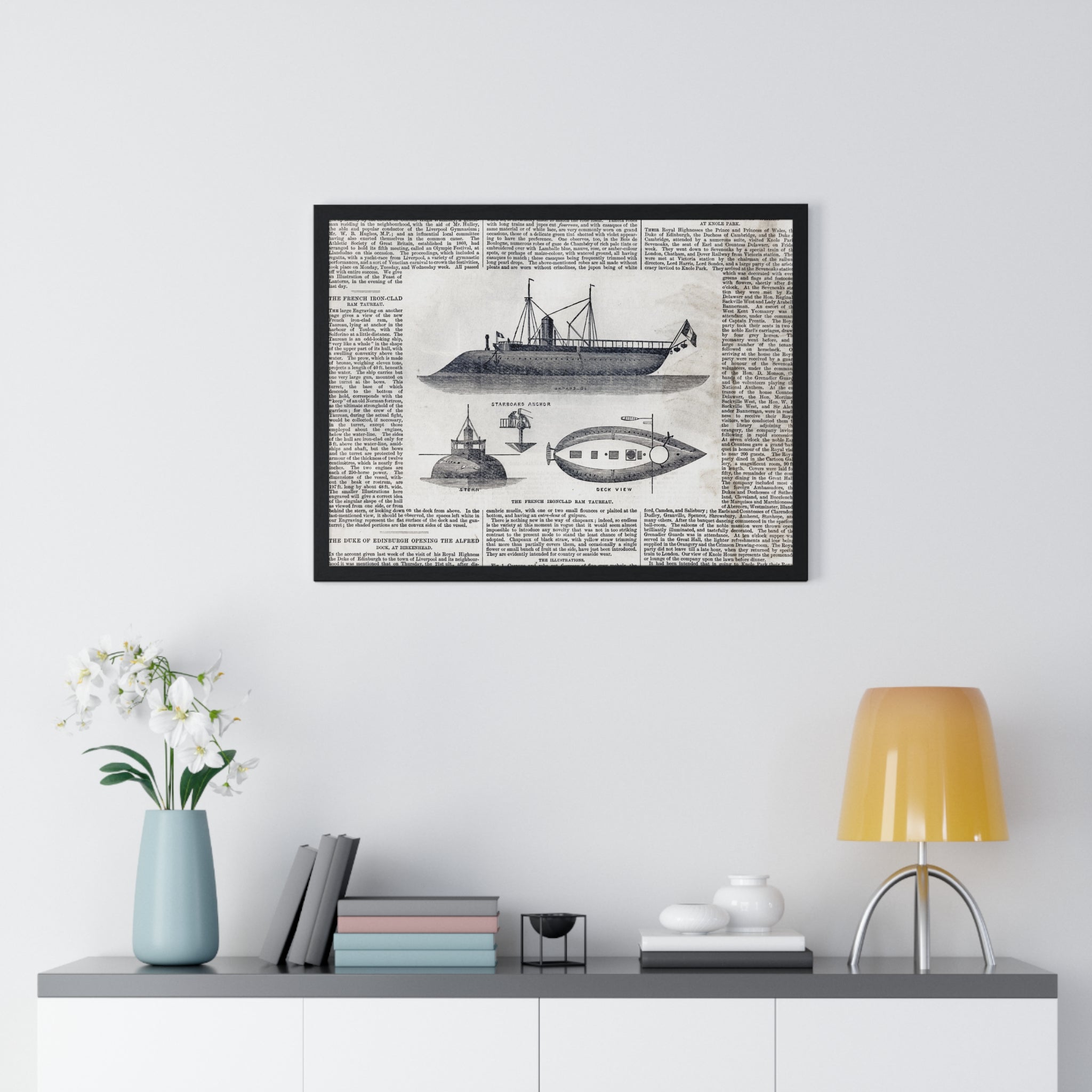 Framed Nautical Patent Poster — Vintage Submarine & Ship Illustration