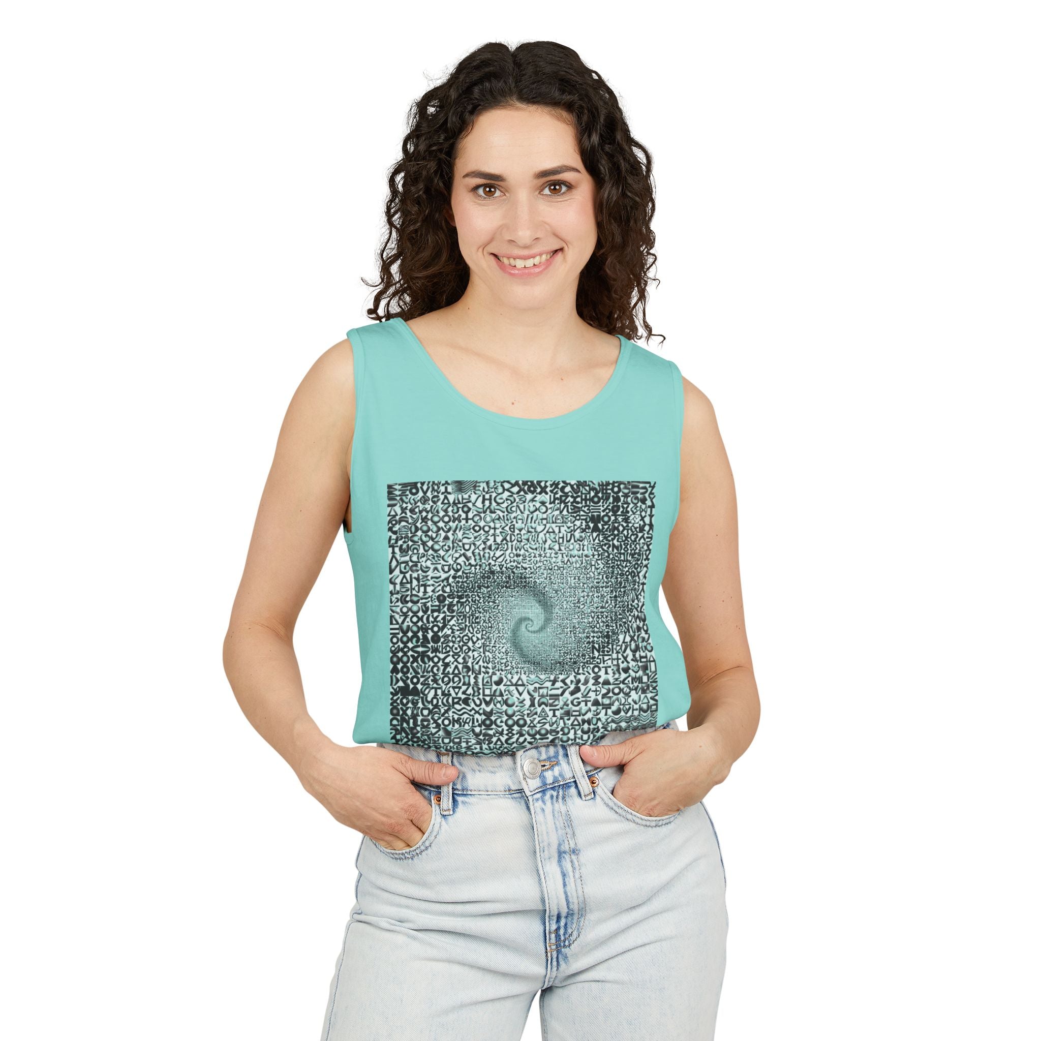 Spiral Text Art Tank Top — Monochrome Optical Typography Tee