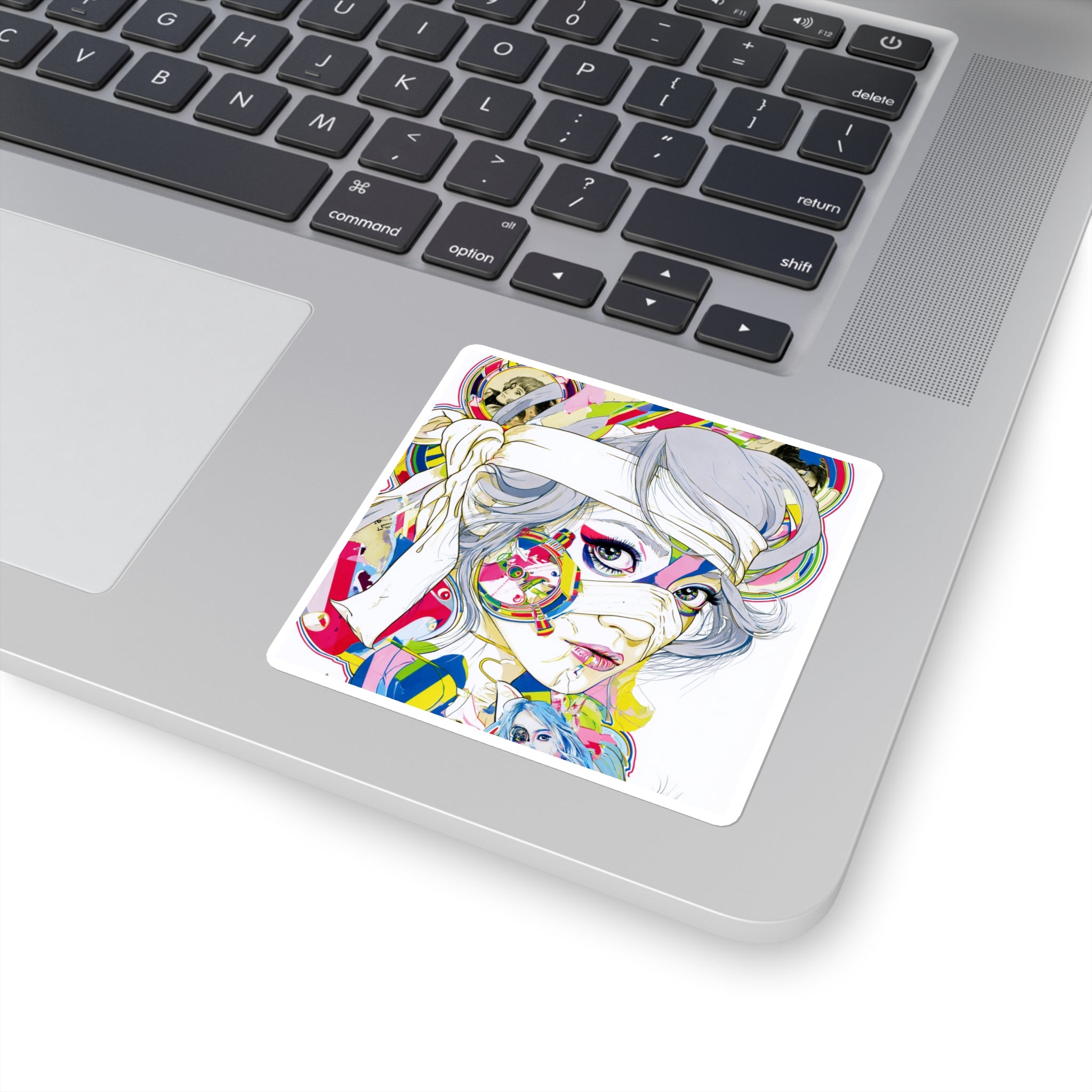 Pop Art Female Portrait Square Sticker — Colorful Anime-Inspired Laptop Decal