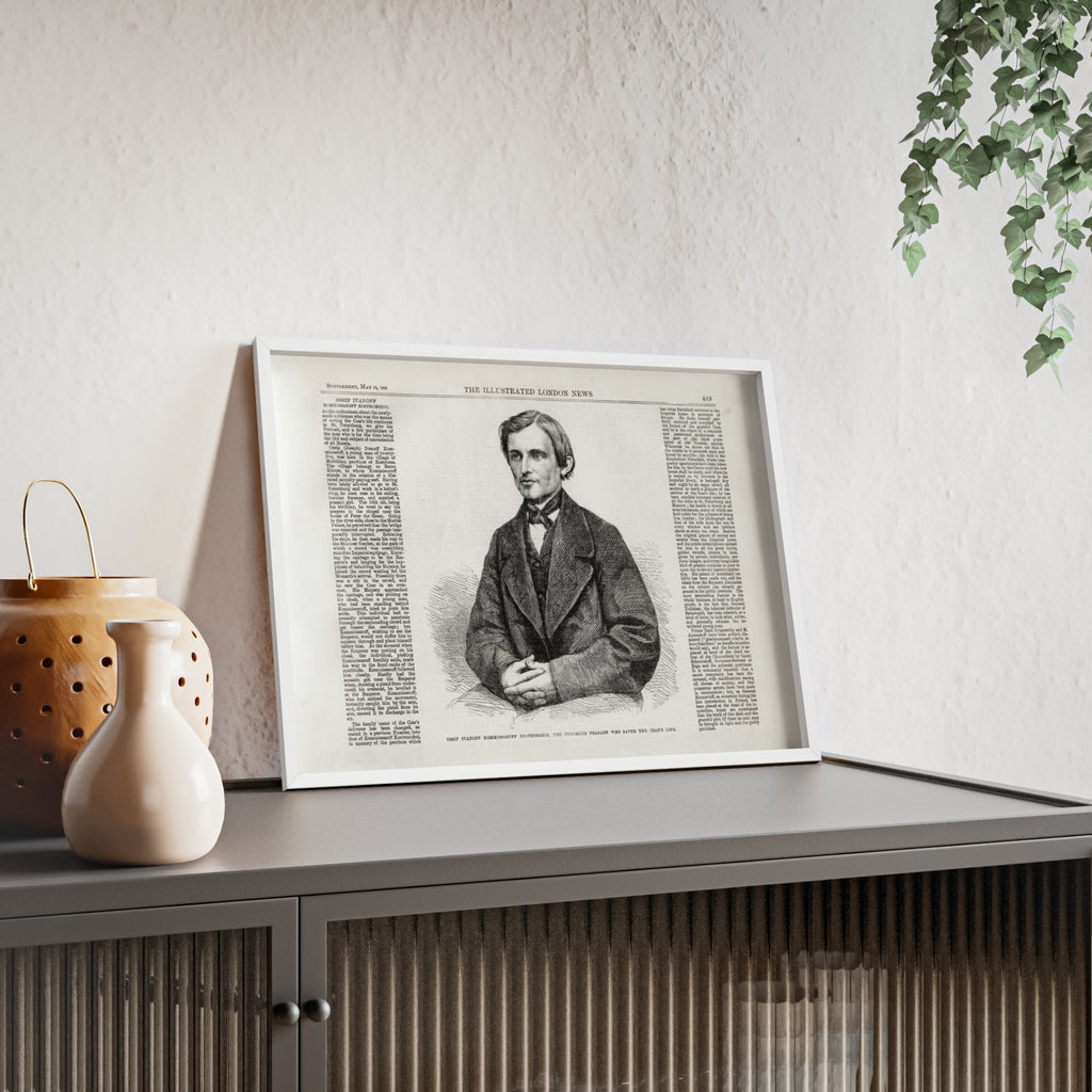 OSSIP IVANOFF, the peasant who saved the CZAR's Life. Vintage Illustrated Portrait Poster with Wooden Frame — Antique Newspaper Art Print