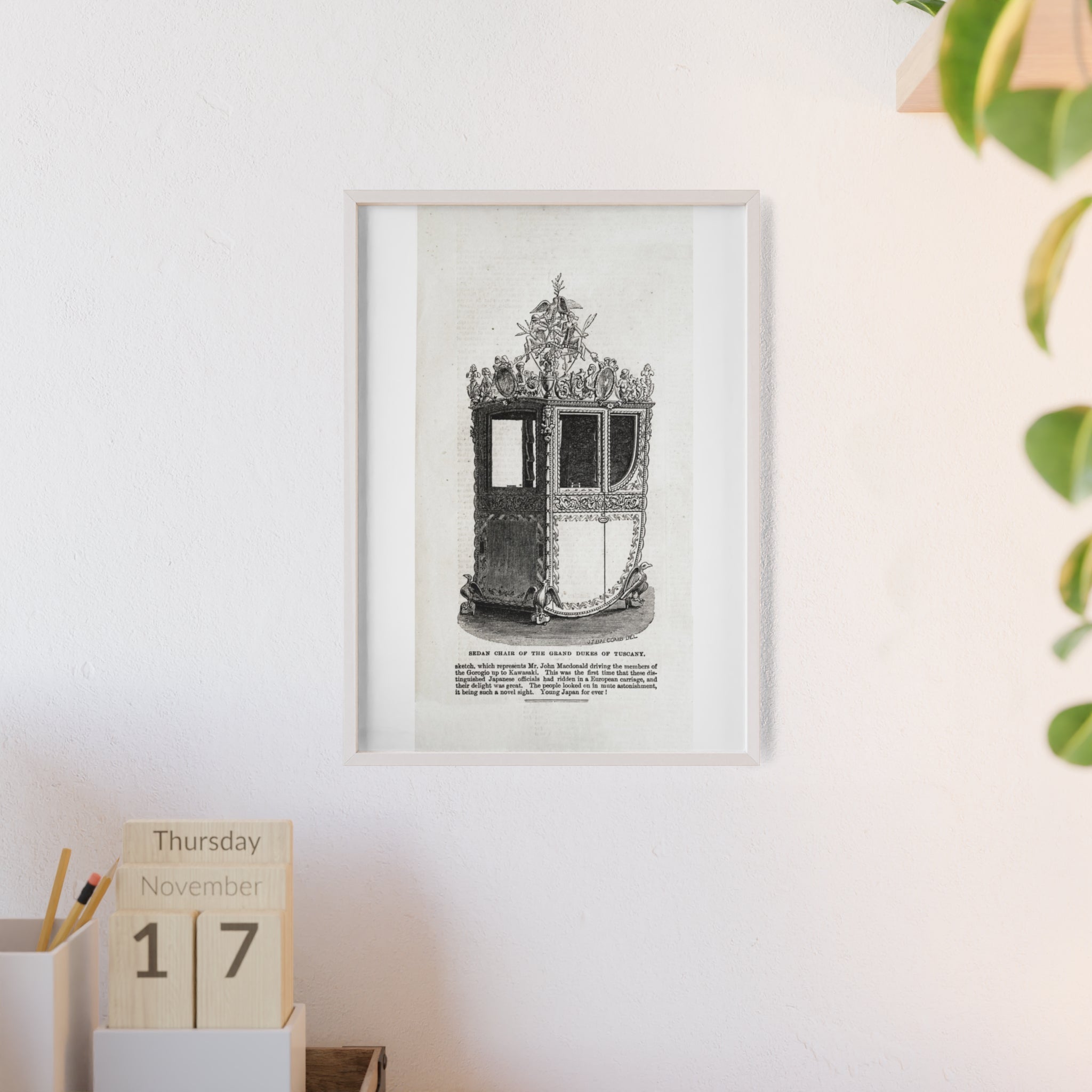 Chair of the GRAND DUKES of TUSCANY. Antique Carriage Print Poster with Wooden Frame — Vintage Engraving Wall Art