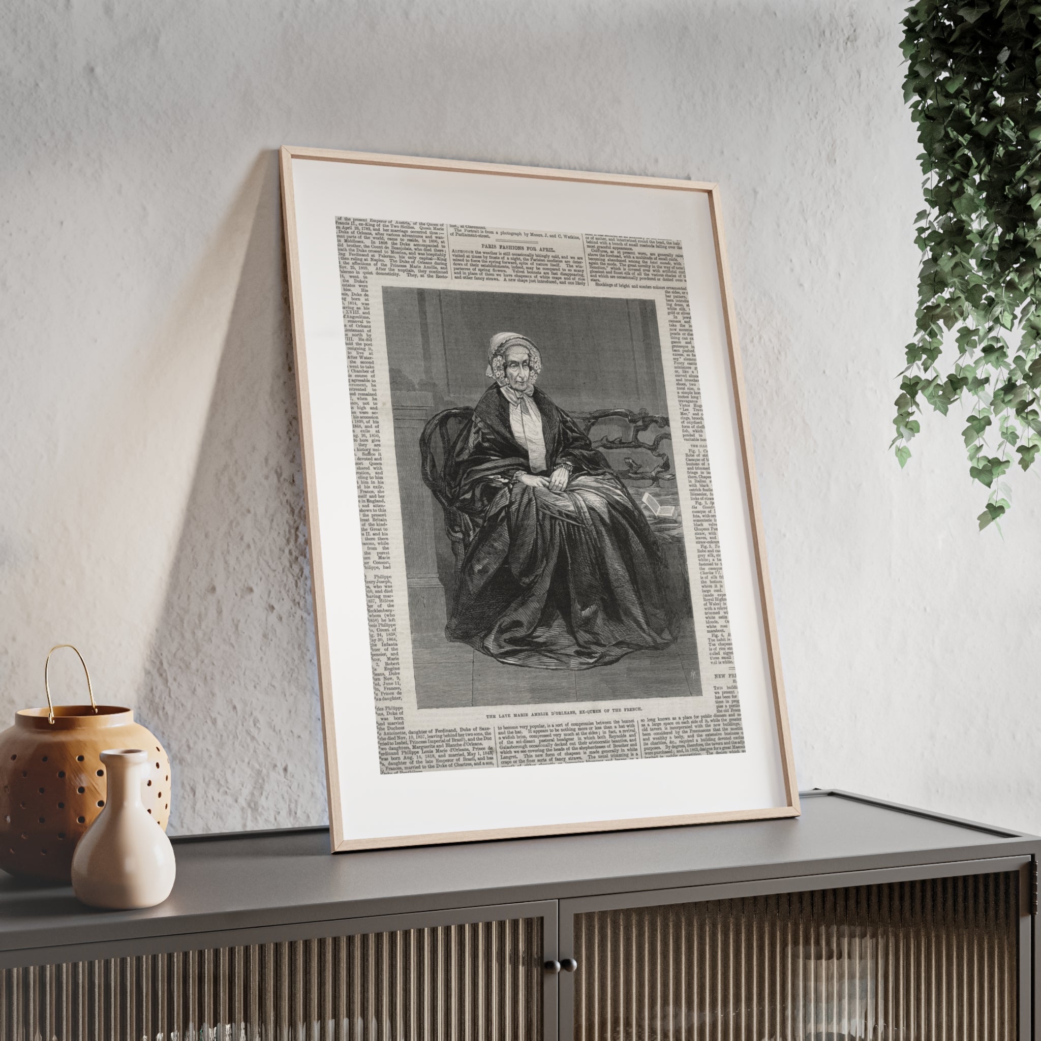 The Late Marie Amelie D'Orleans, Ex-Queen of the French. Vintage Portrait Newspaper Art Poster with Black Wooden Frame