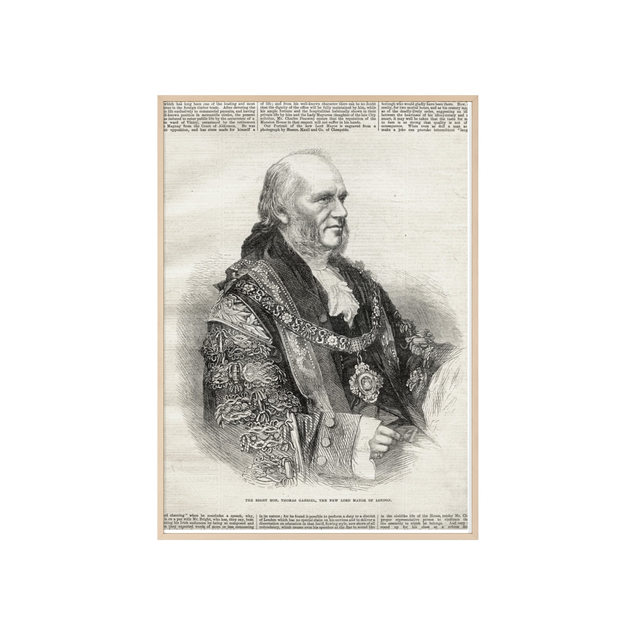 The Right Hon.Thomas Gabriel, the New Lord Mayor of London. Vintage Illustrated Statesman Poster with Black Wooden Frame