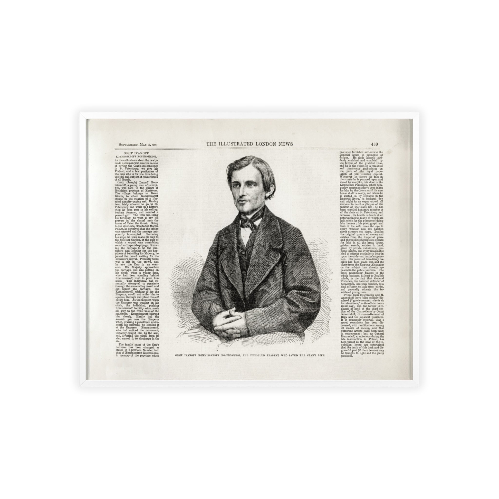 OSSIP IVANOFF, the peasant who saved the CZAR's Life. Vintage Illustrated Portrait Poster with Wooden Frame — Antique Newspaper Art Print