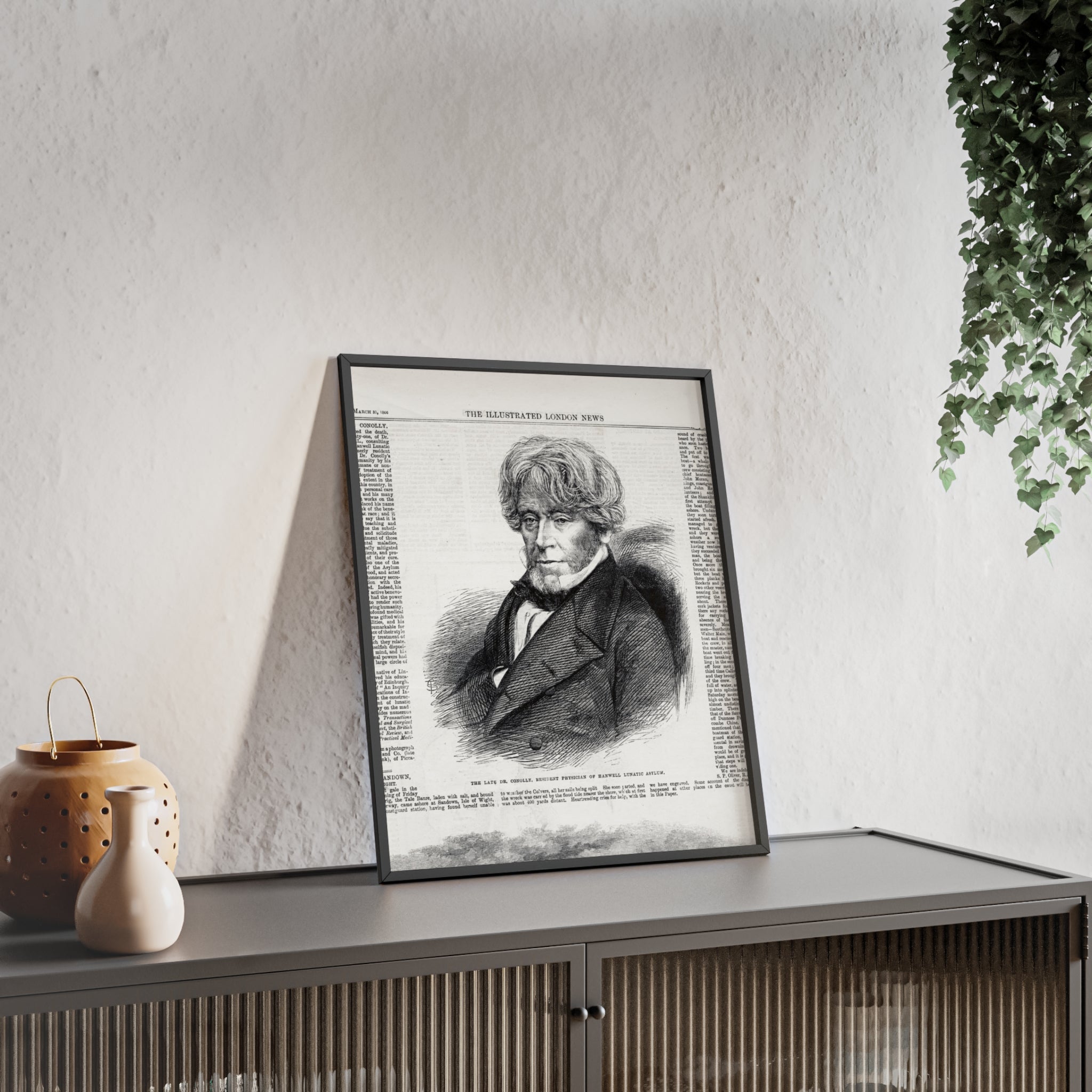 Dr. Conolly, Resident Physician of Hanwell Lunatic Asylum. Framed Vintage Portrait Print — Antique Newspaper Illustration Poster