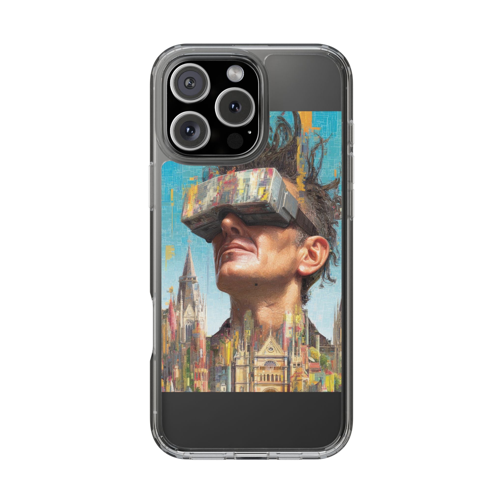 Clear Phone Case — Retro VR Cityscape Illustration