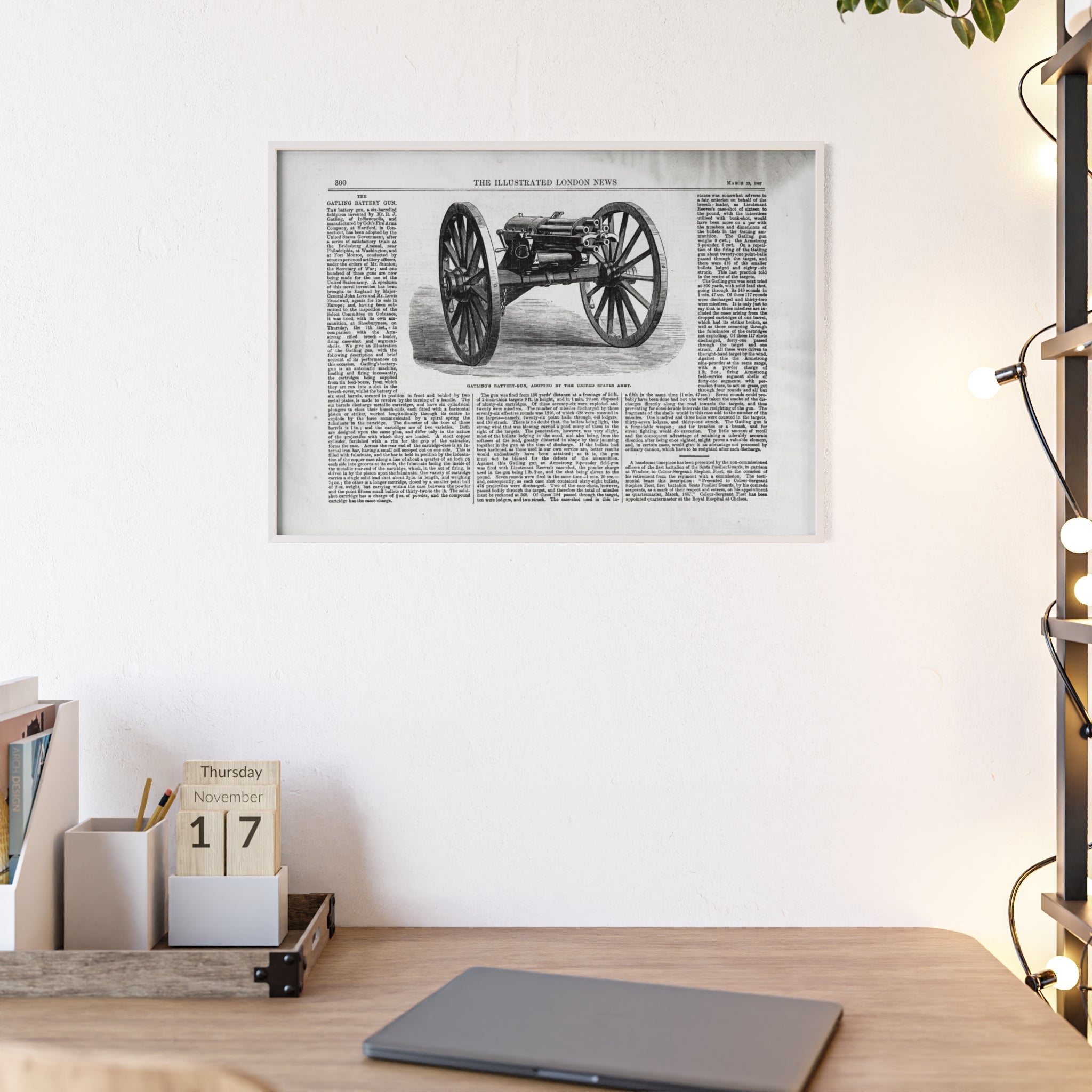 GATLING'S Battery-Gun, adopted by the United States Army. Vintage Cannon Patent Poster with Wooden Frame – Antique Engineering Print