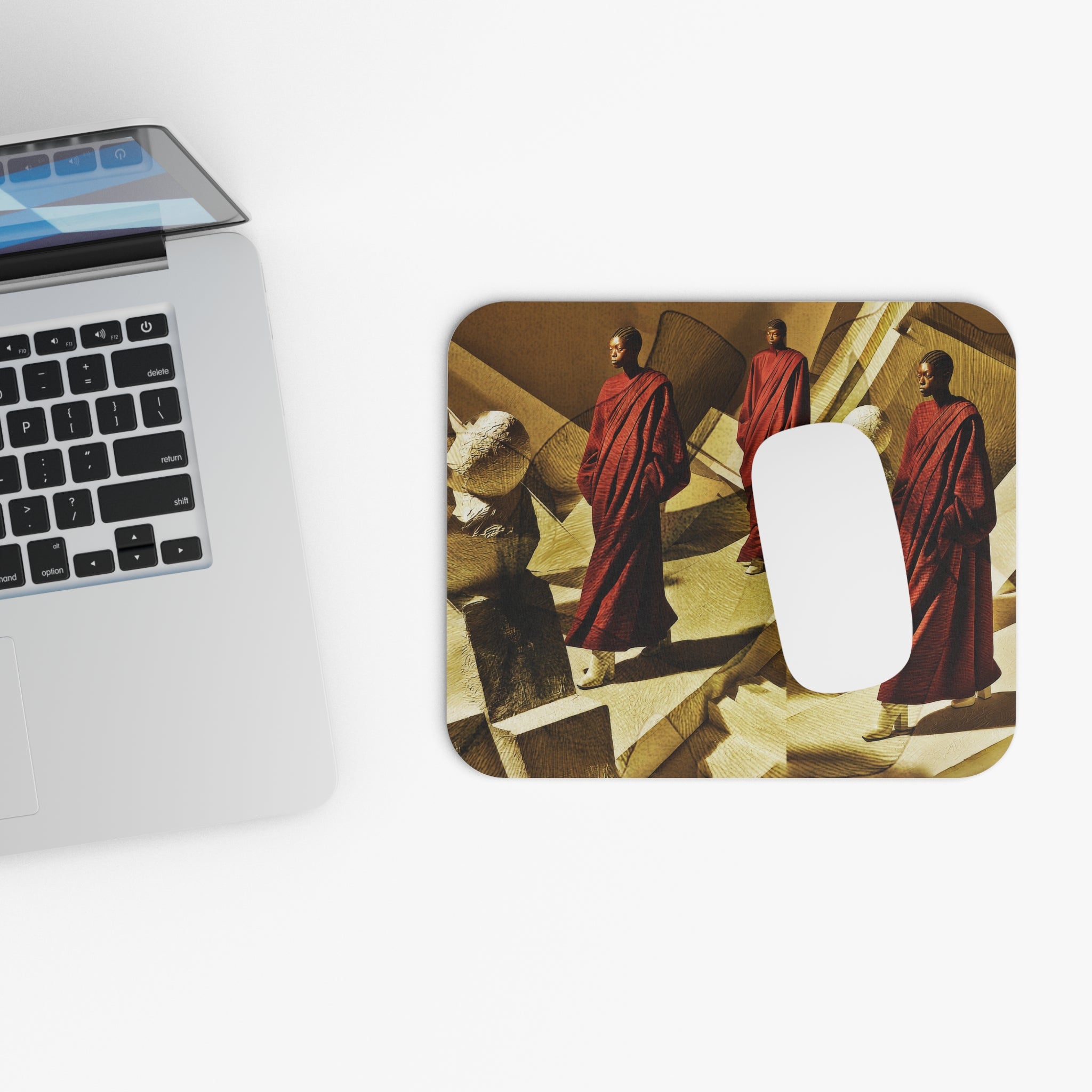 Surreal Red-Robed Figures Mouse Pad — Abstract Geometric Desk Mat