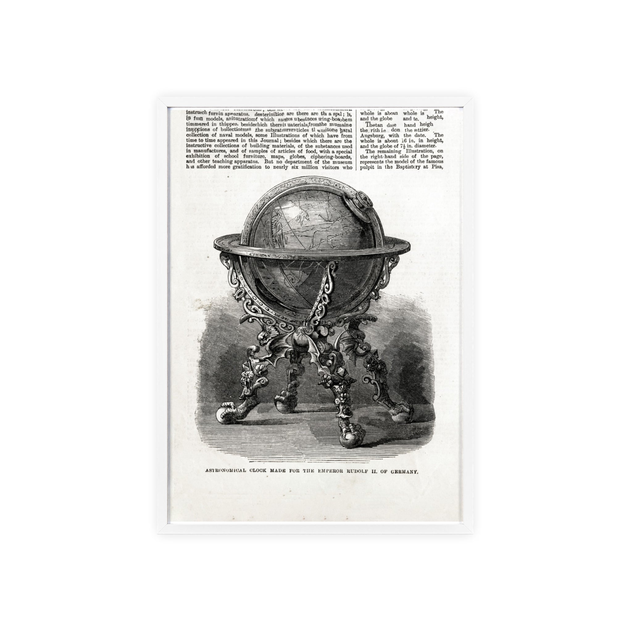 Astronomical Clock made for the Emperor RUDOLPH II, of Germany. Vintage Globe Illustration Poster with Wooden Frame — Antique Map Print