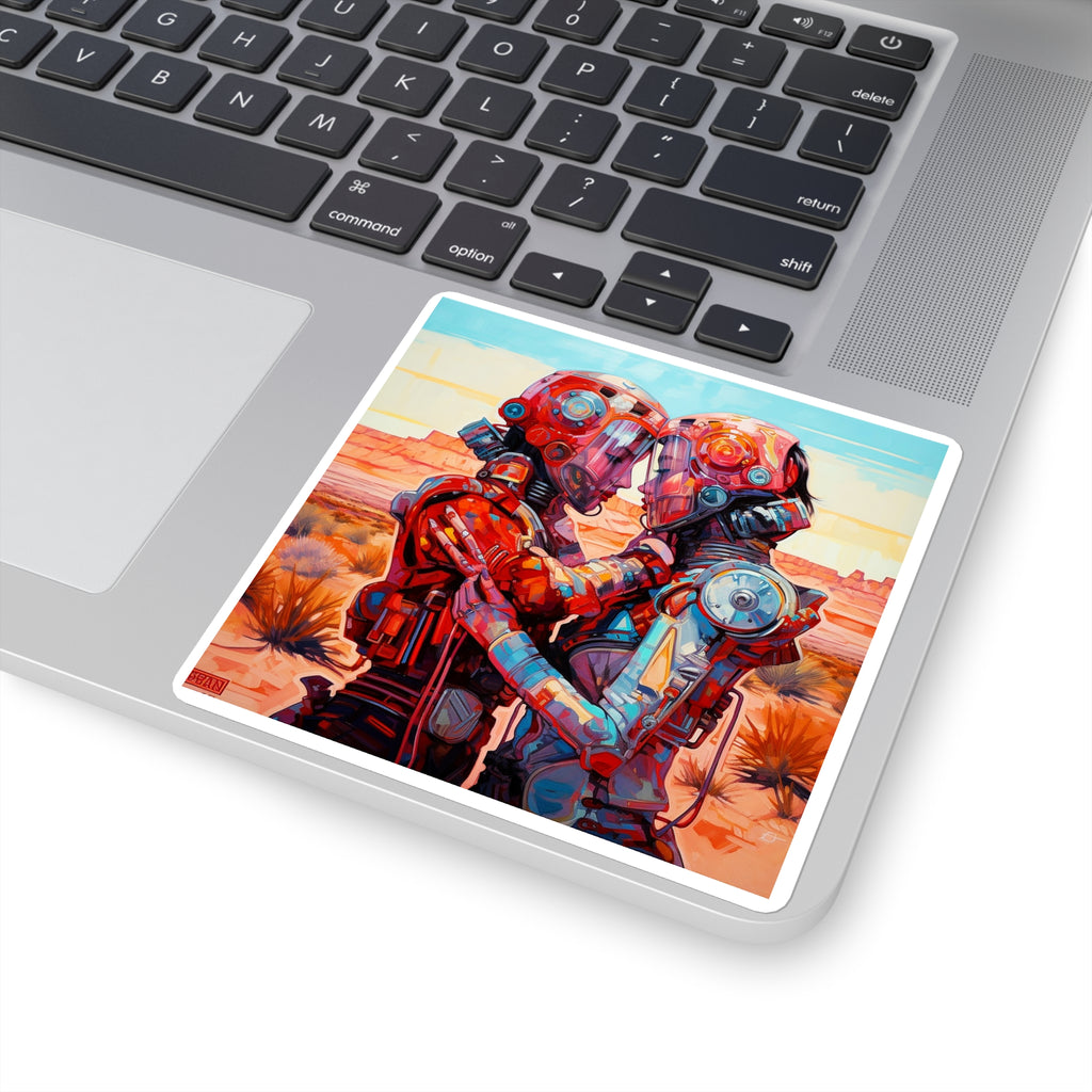 Square Sticker — Retro Futuristic Robots Embrace (Colorful Sci‑Fi Art)
