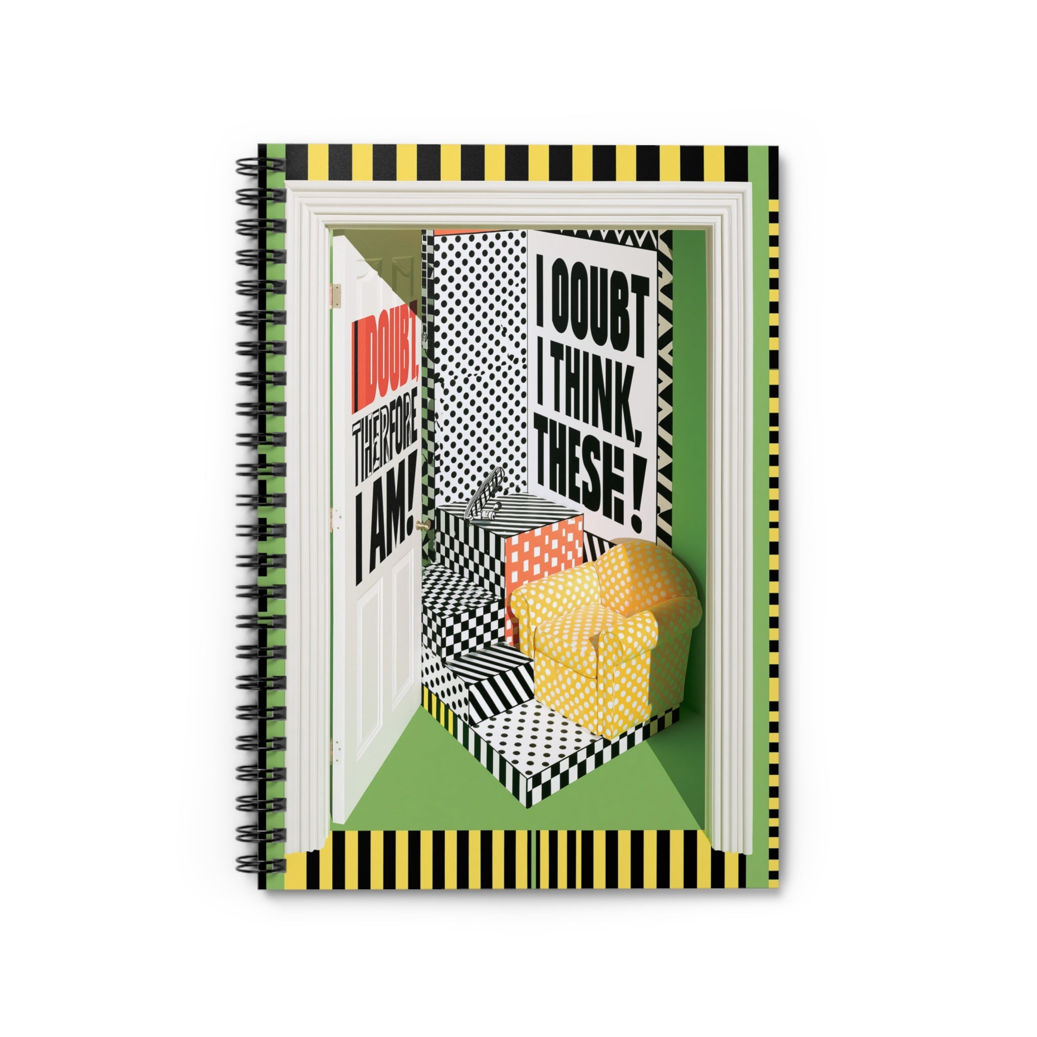 Ruled Spiral Notebook — 'I Doubt I Think, These?' Retro Geometric Cover