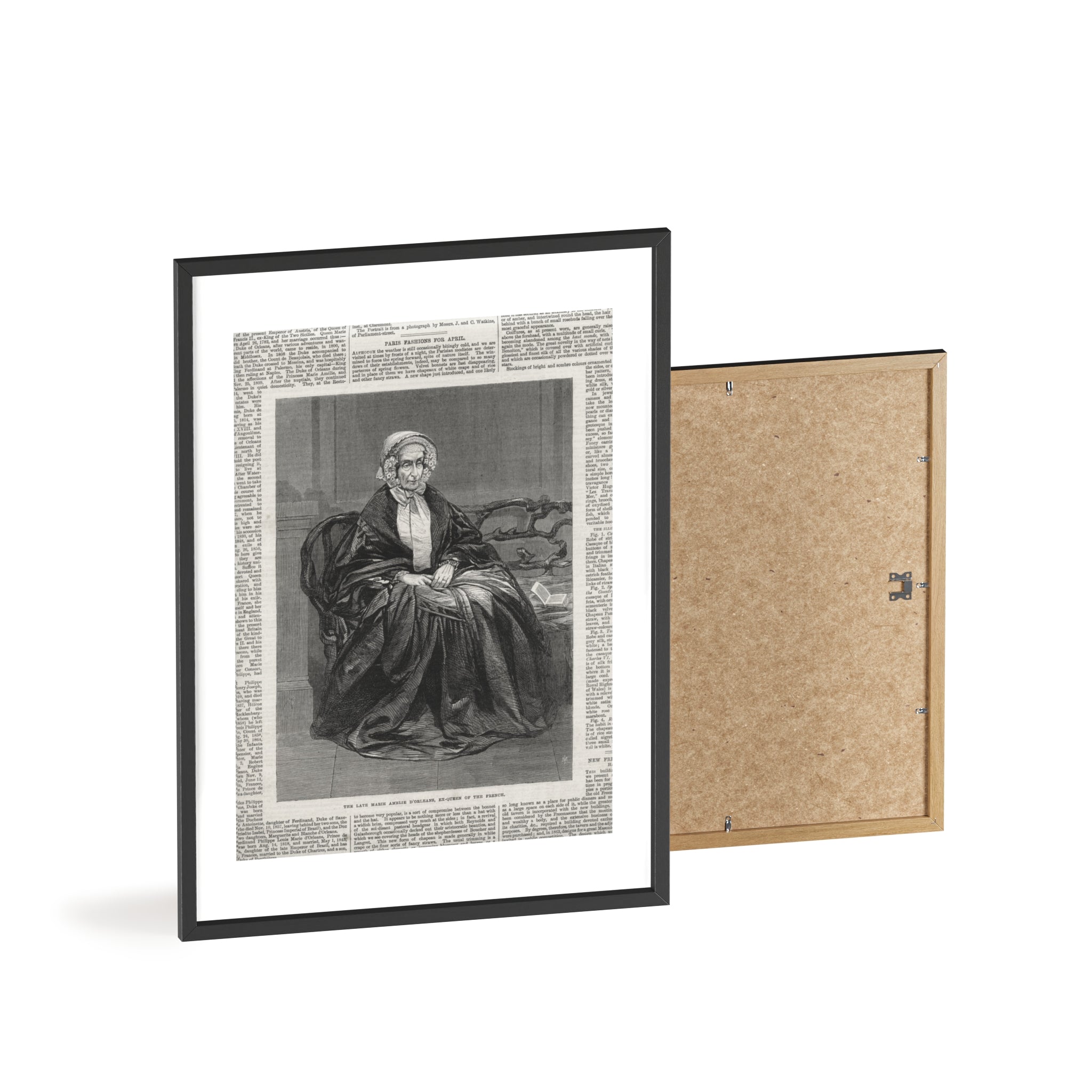 The Late Marie Amelie D'Orleans, Ex-Queen of the French. Vintage Portrait Newspaper Art Poster with Black Wooden Frame