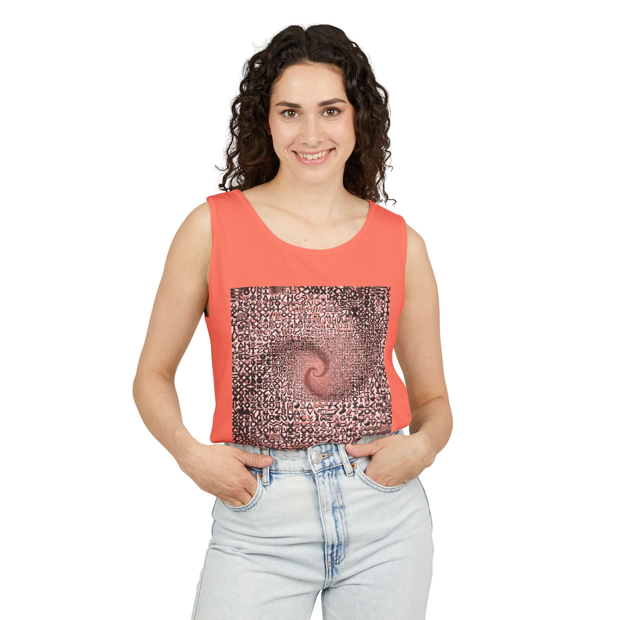 Spiral Text Art Tank Top — Monochrome Optical Typography Tee