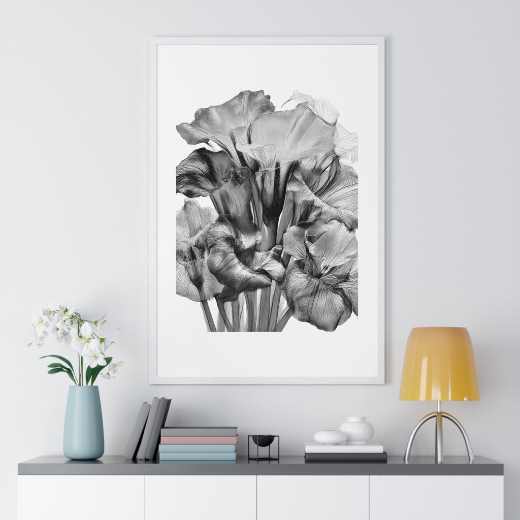 Monochrome Iris Floral Poster — Vertical Framed Wall Art