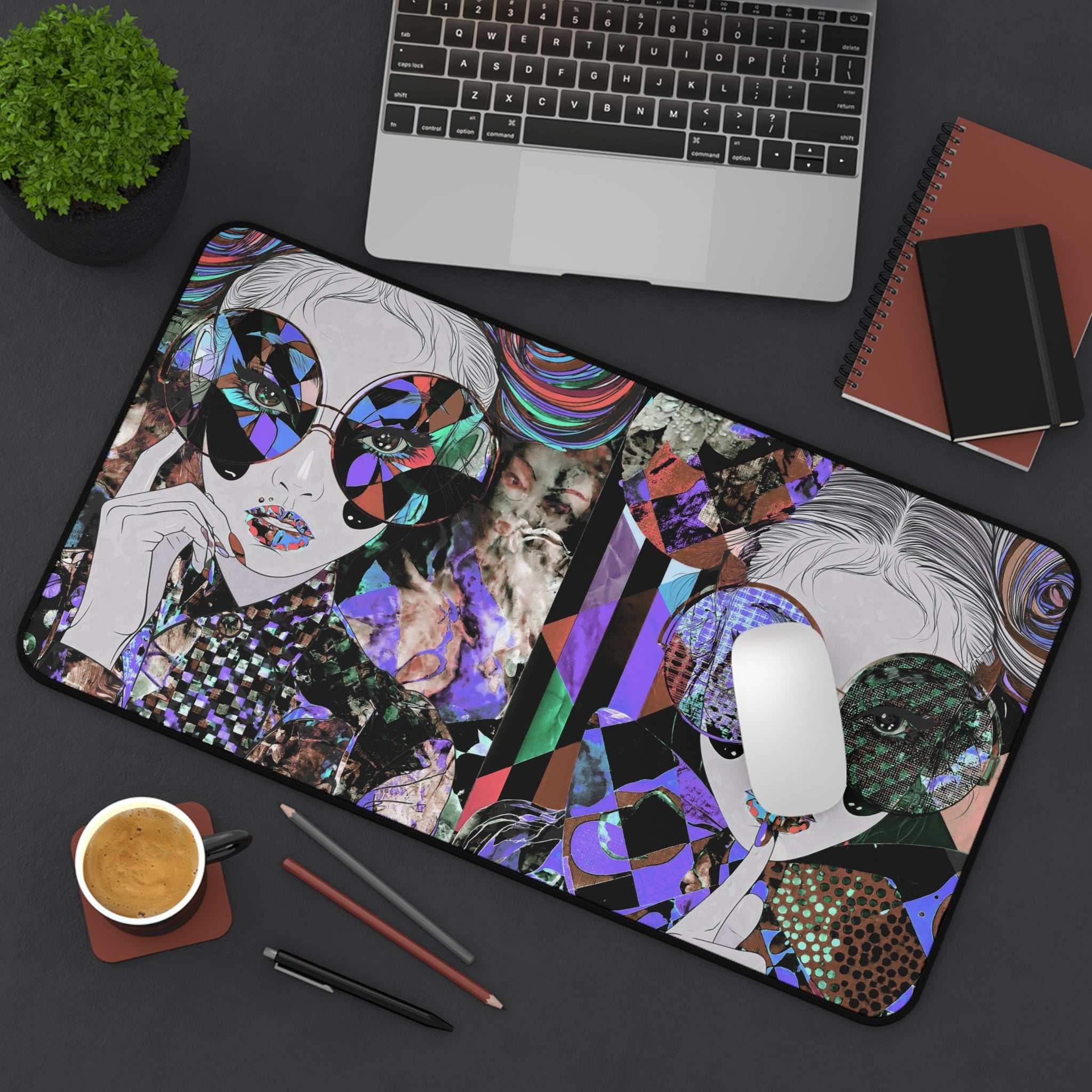 Psychedelic Pop Art Desk Mat — Retro Twin Sunglasses Illustration