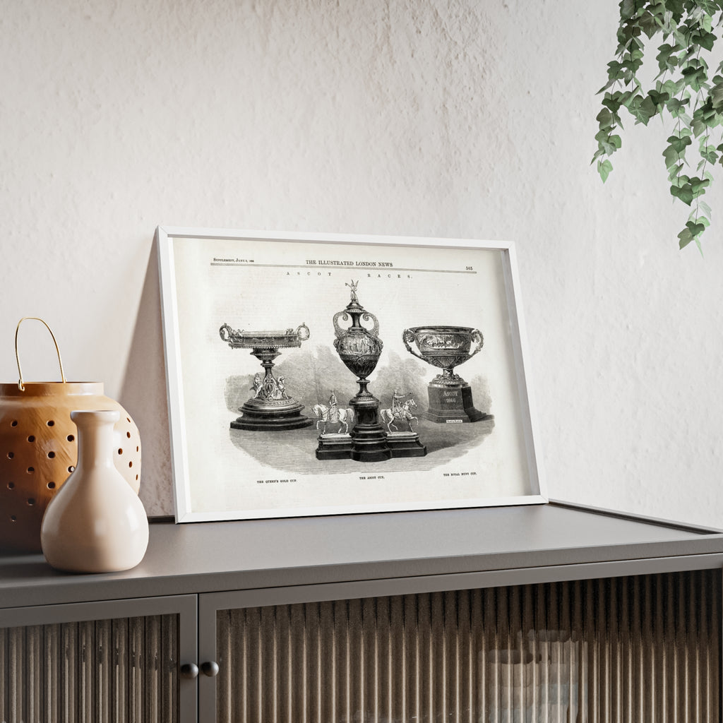 The ASCOT Races. Vintage Trophy Engraving Poster with Wooden Frame