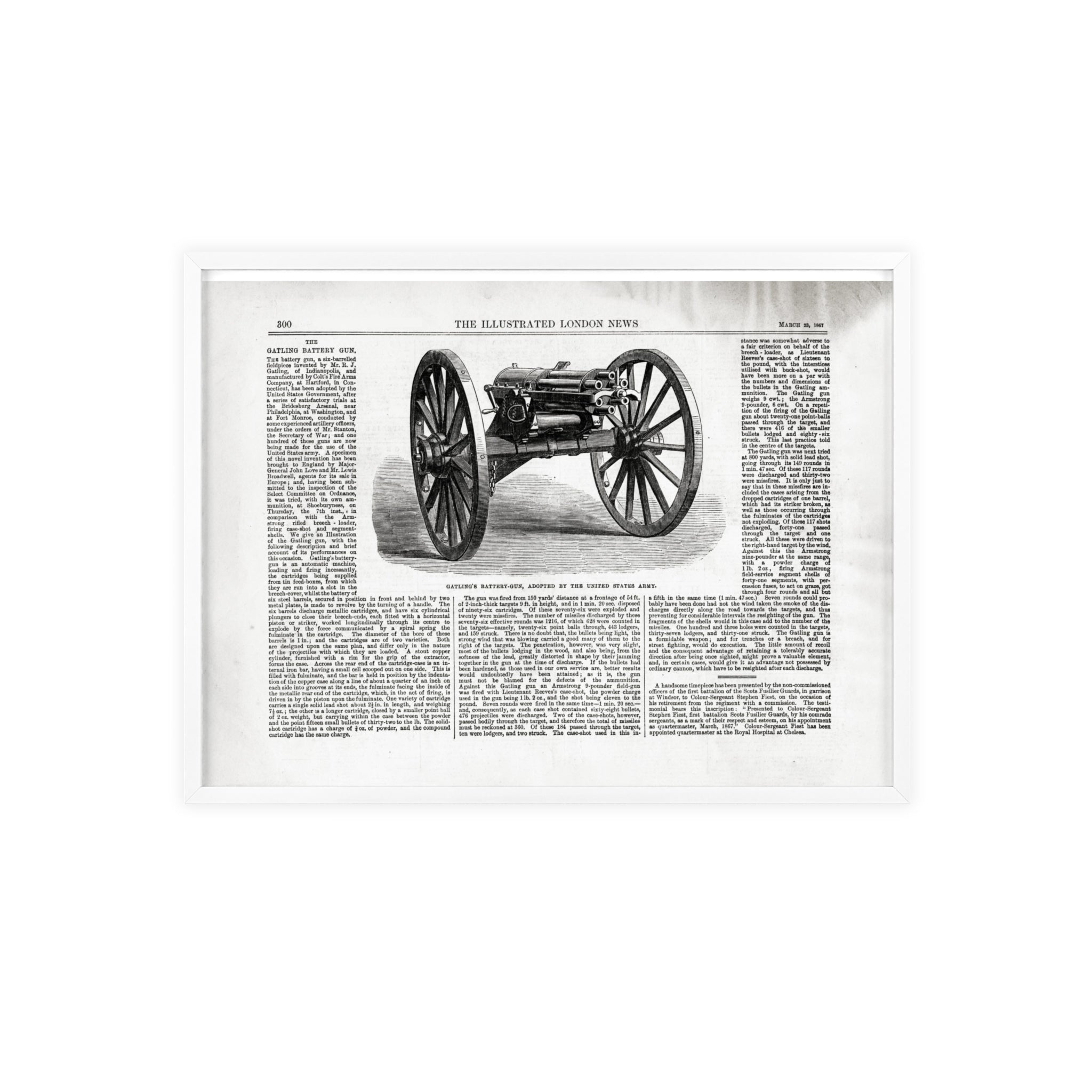 GATLING'S Battery-Gun, adopted by the United States Army. Vintage Cannon Patent Poster with Wooden Frame – Antique Engineering Print