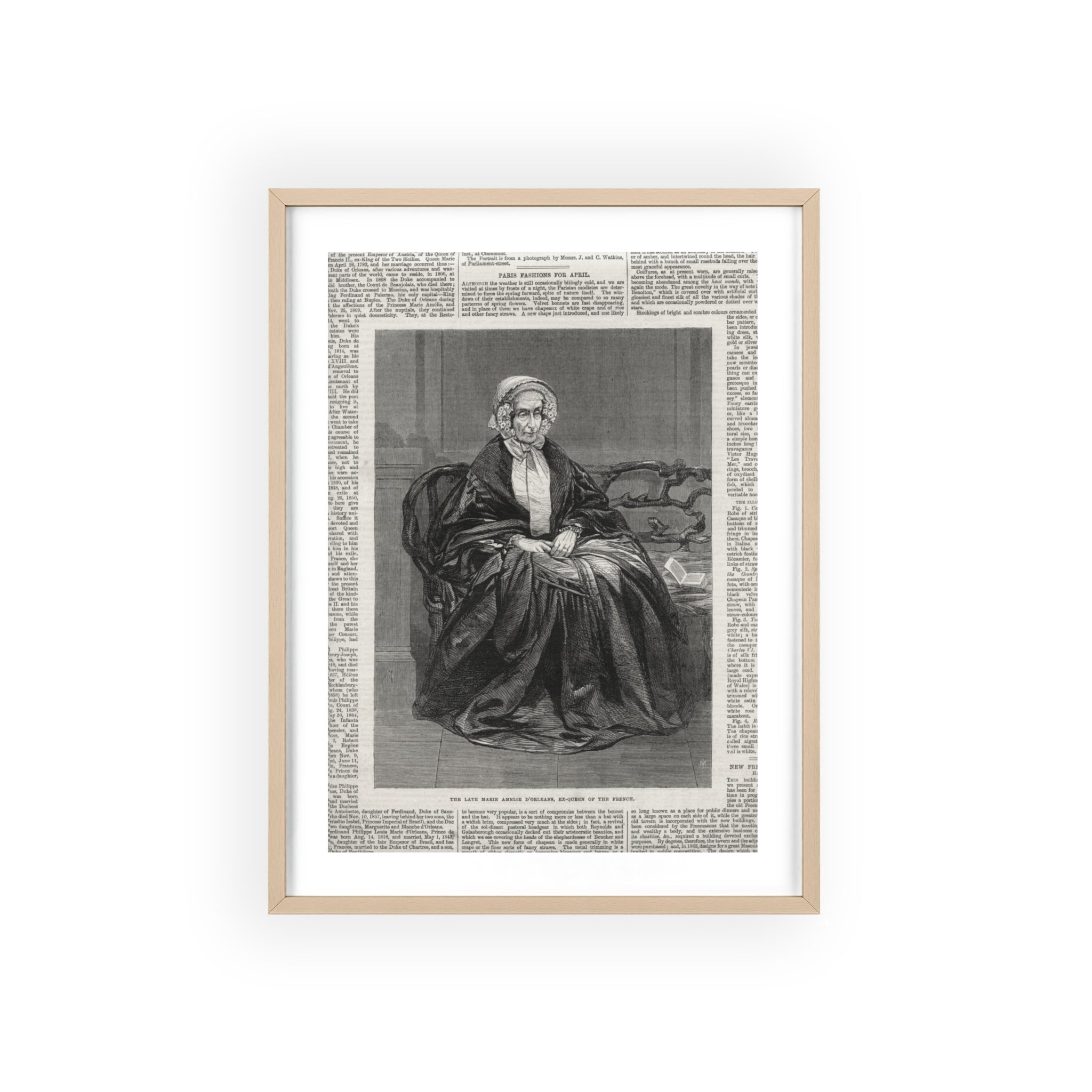The Late Marie Amelie D'Orleans, Ex-Queen of the French. Vintage Portrait Newspaper Art Poster with Black Wooden Frame