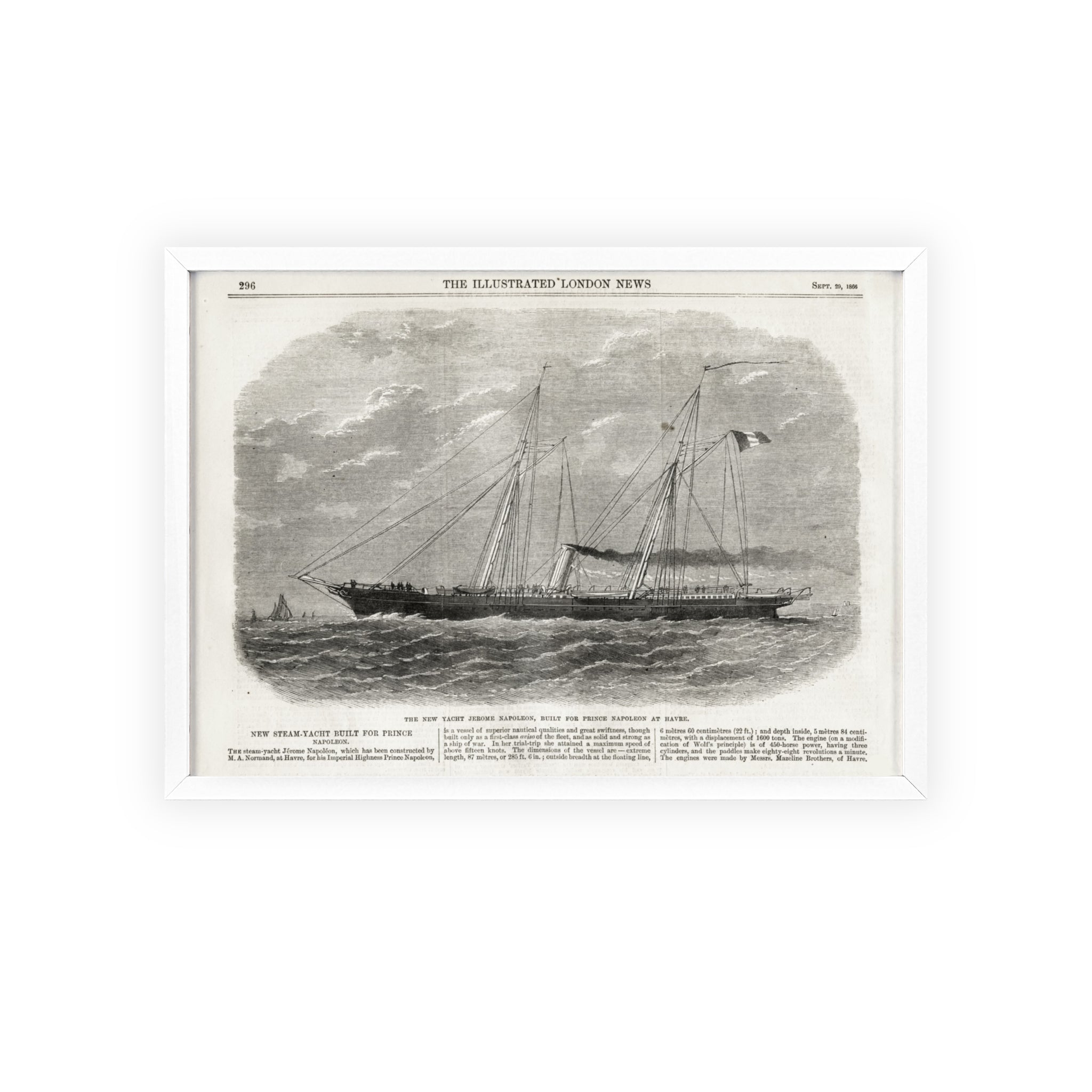 The New Yacht JEROME NAPOLEON, Built for Prince NAPOLEAN at Havre. Framed Vintage Ship Print Poster — Nautical Wall Art with Wooden Frame