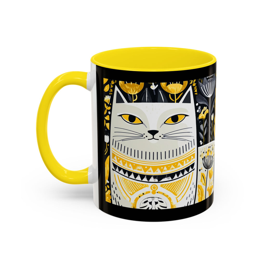 Black & Gold Cat Floral Coffee Mug — Whimsical Botanical Cat Accent Mug (11/15oz)
