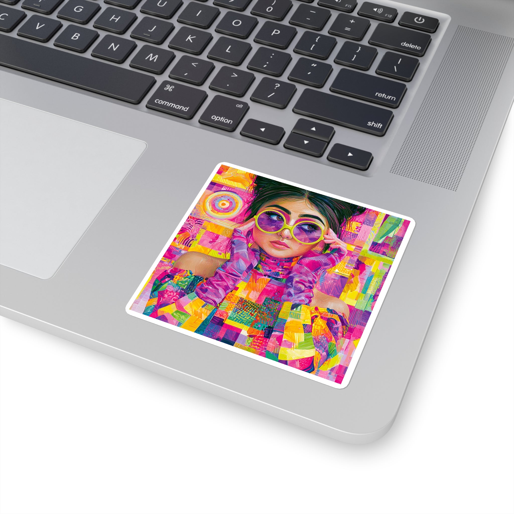 Vibrant Pop-Art Girl Square Sticker — Colorful Retro Sunglasses Laptop Decal