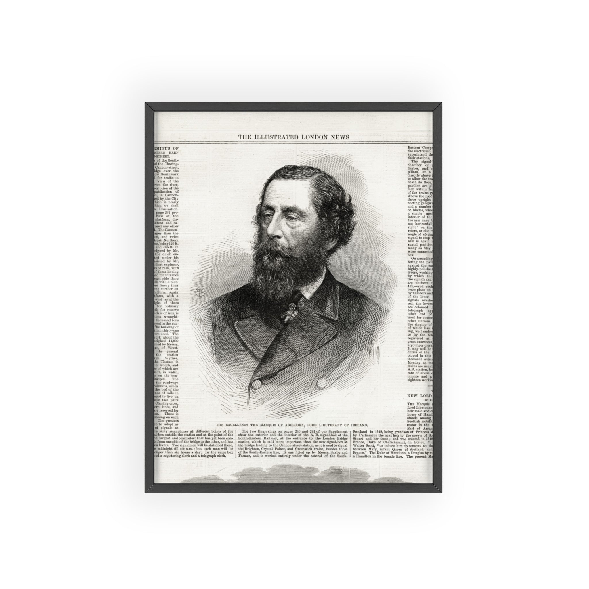 His Excellency the Marquis of Abercorn, Lord Lieutenant of Ireland. Vintage Illustrated Portrait Poster with Wooden Frame — Antique Newspaper Print