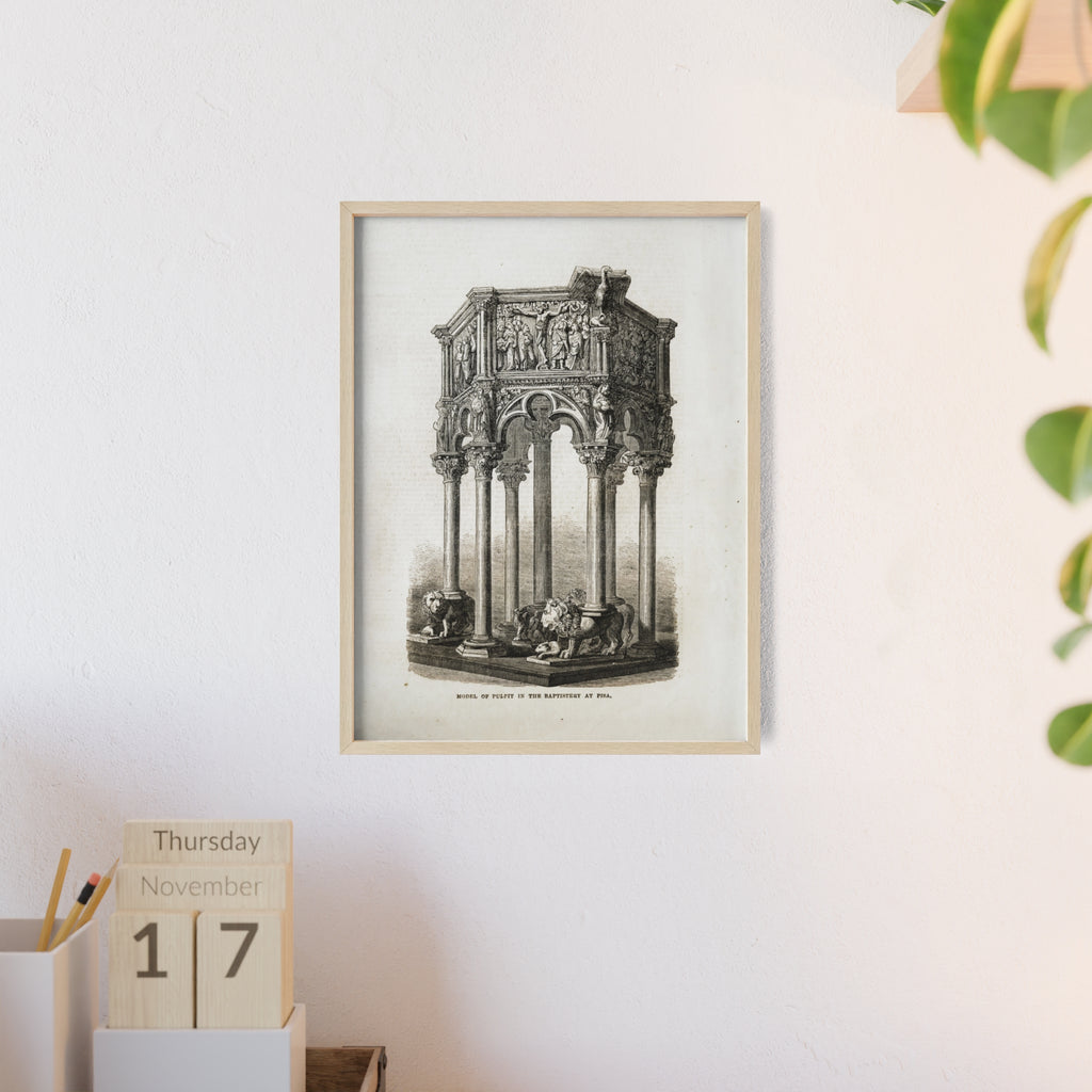 Model of Pulpit in the Baptistery at PISA. Antique Architectural Print Poster — Gothic Baptistery Illustration in Wooden Frame