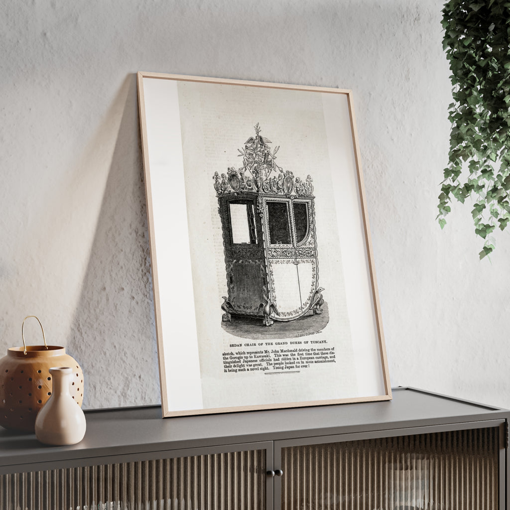 Chair of the GRAND DUKES of TUSCANY. Antique Carriage Print Poster with Wooden Frame — Vintage Engraving Wall Art