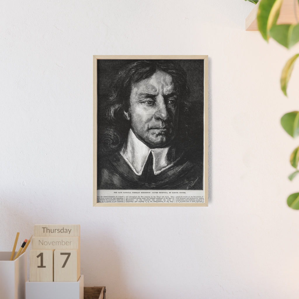 OLIVER CROMWELL. Historical Portrait Poster with Wooden Frame — Vintage Chalk-Style Print