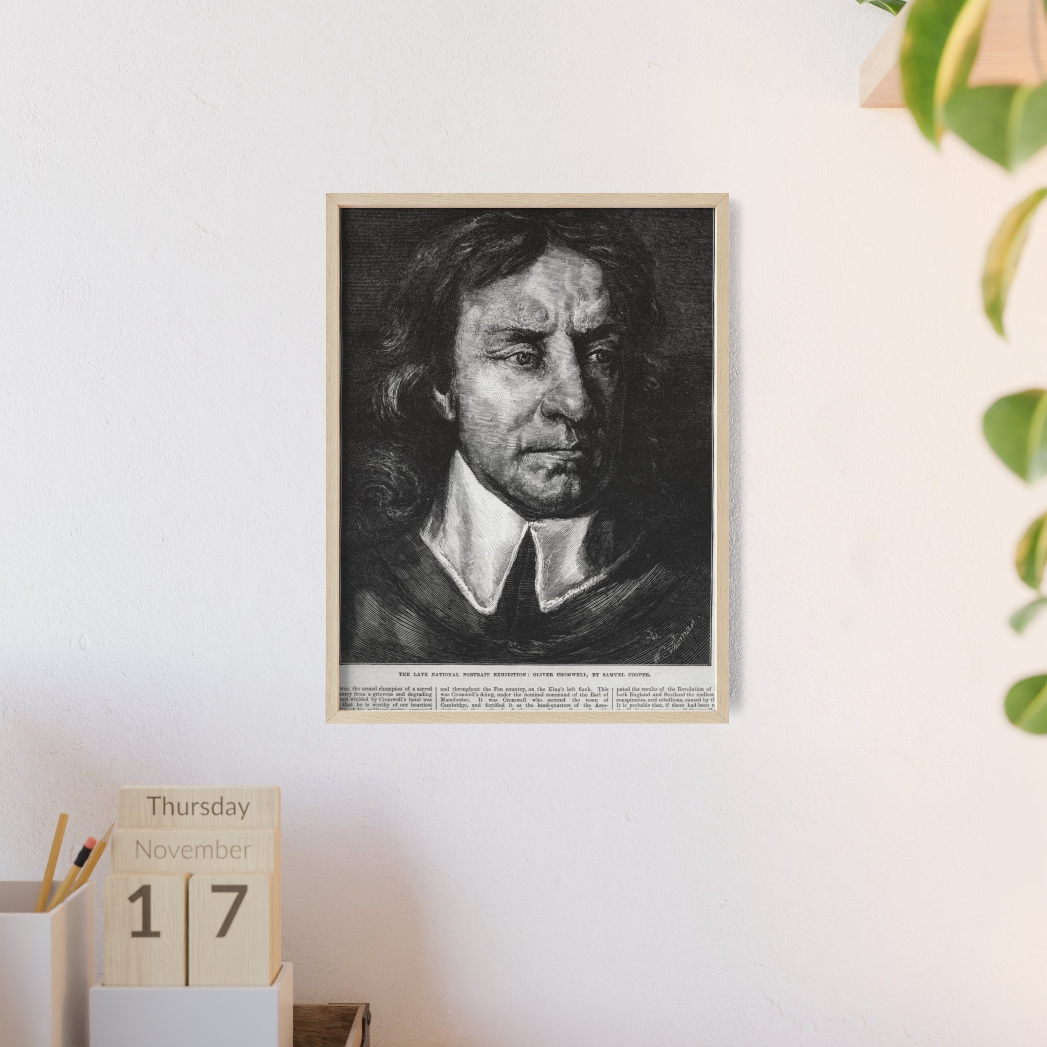 OLIVER CROMWELL. Historical Portrait Poster with Wooden Frame — Vintage Chalk-Style Print