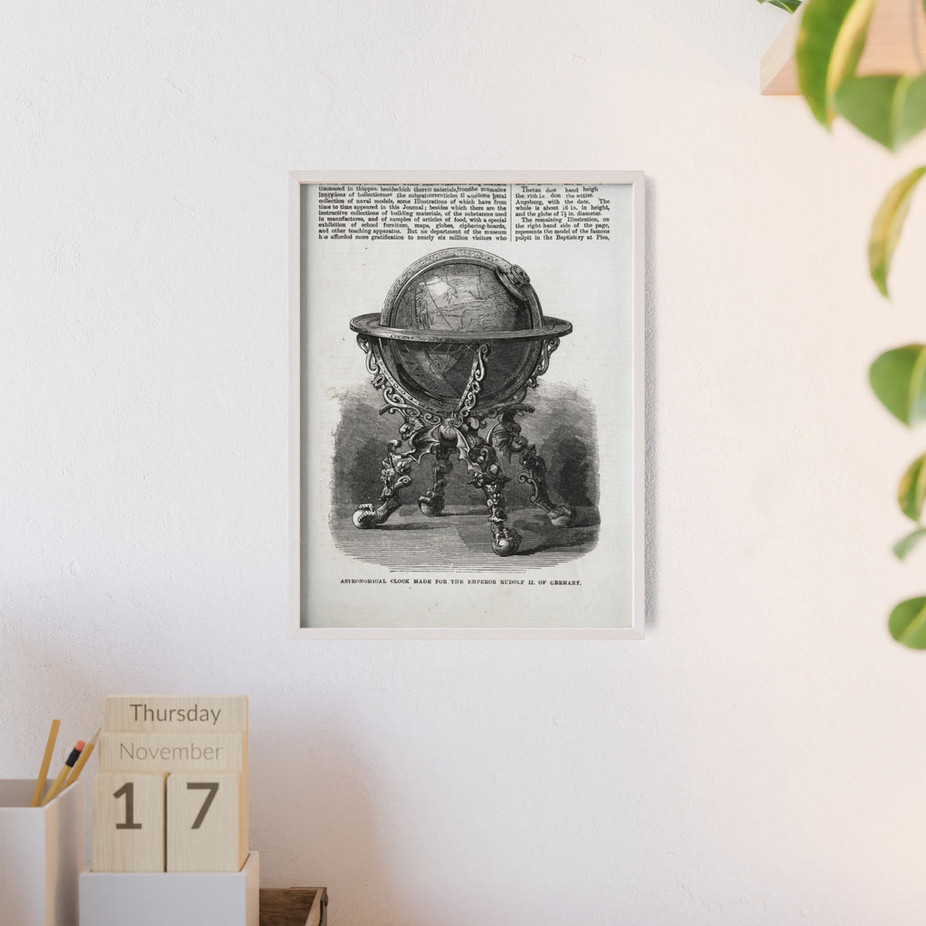 Astronomical Clock made for the Emperor RUDOLPH II, of Germany. Vintage Globe Illustration Poster with Wooden Frame — Antique Map Print