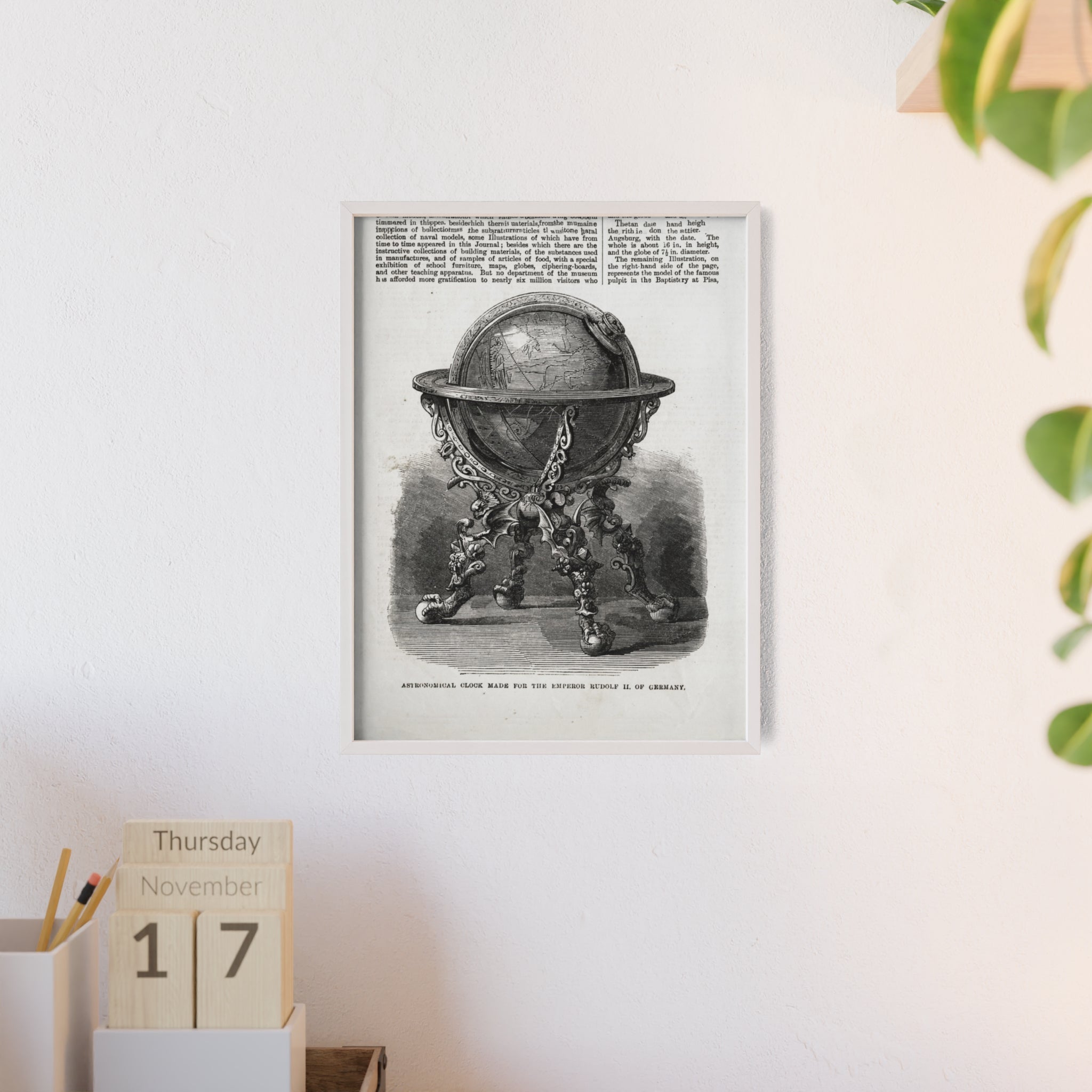 Astronomical Clock made for the Emperor RUDOLPH II, of Germany. Vintage Globe Illustration Poster with Wooden Frame — Antique Map Print