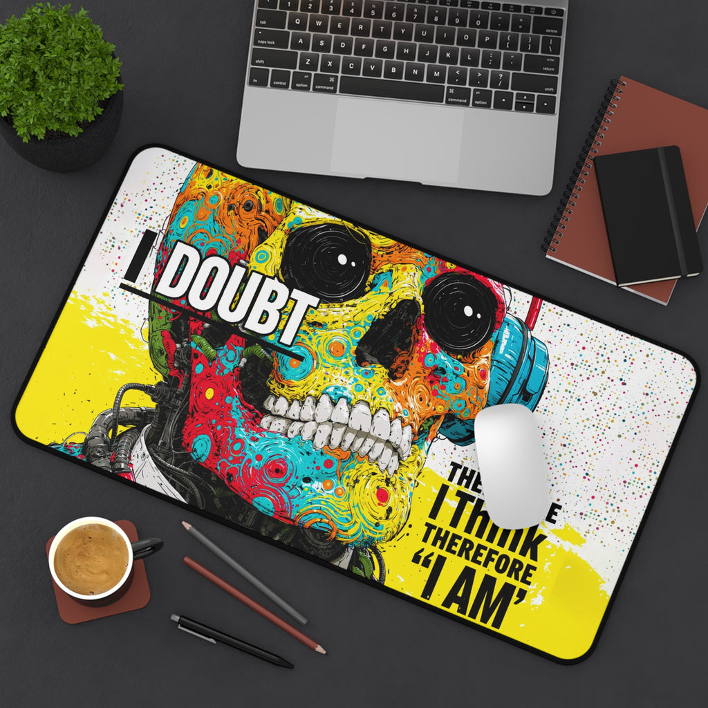 Colorful Skull Desk Mat — "I Doubt Therefore I Think I Am" Gaming Mouse Pad