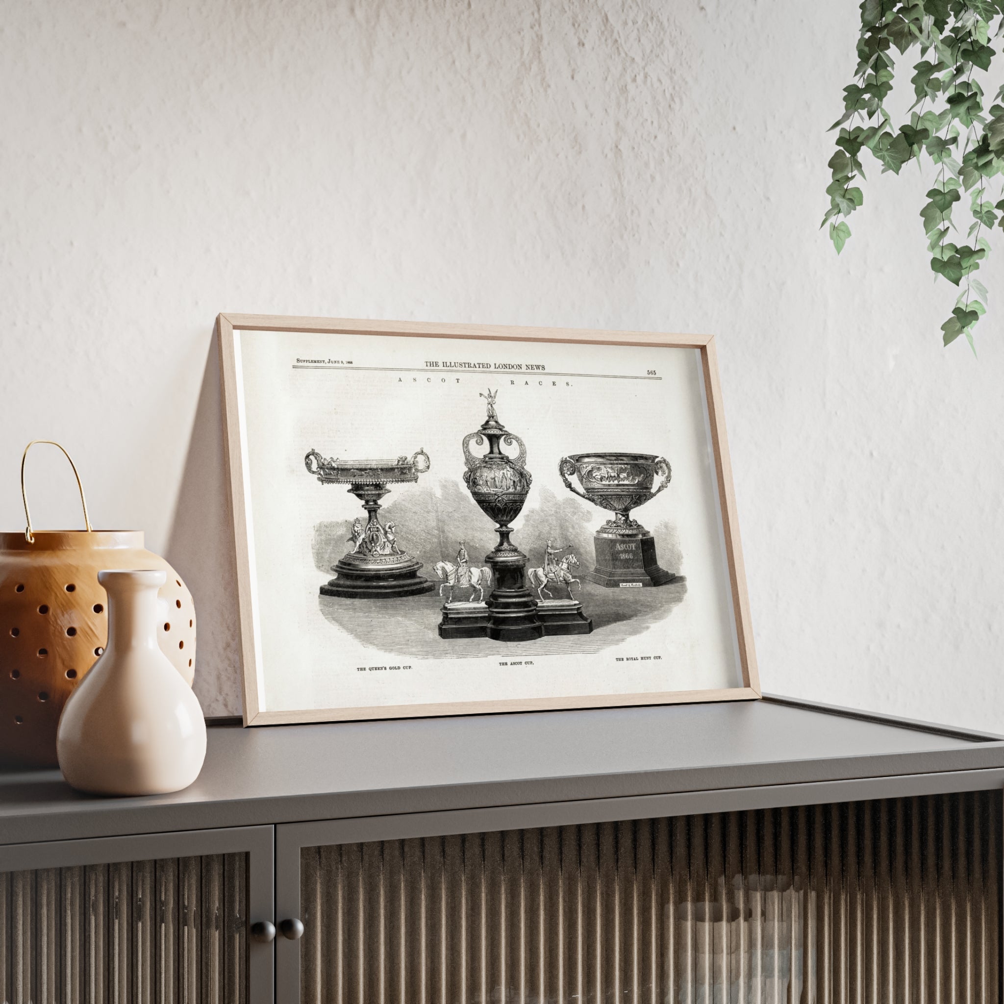 The ASCOT Races. Vintage Trophy Engraving Poster with Wooden Frame