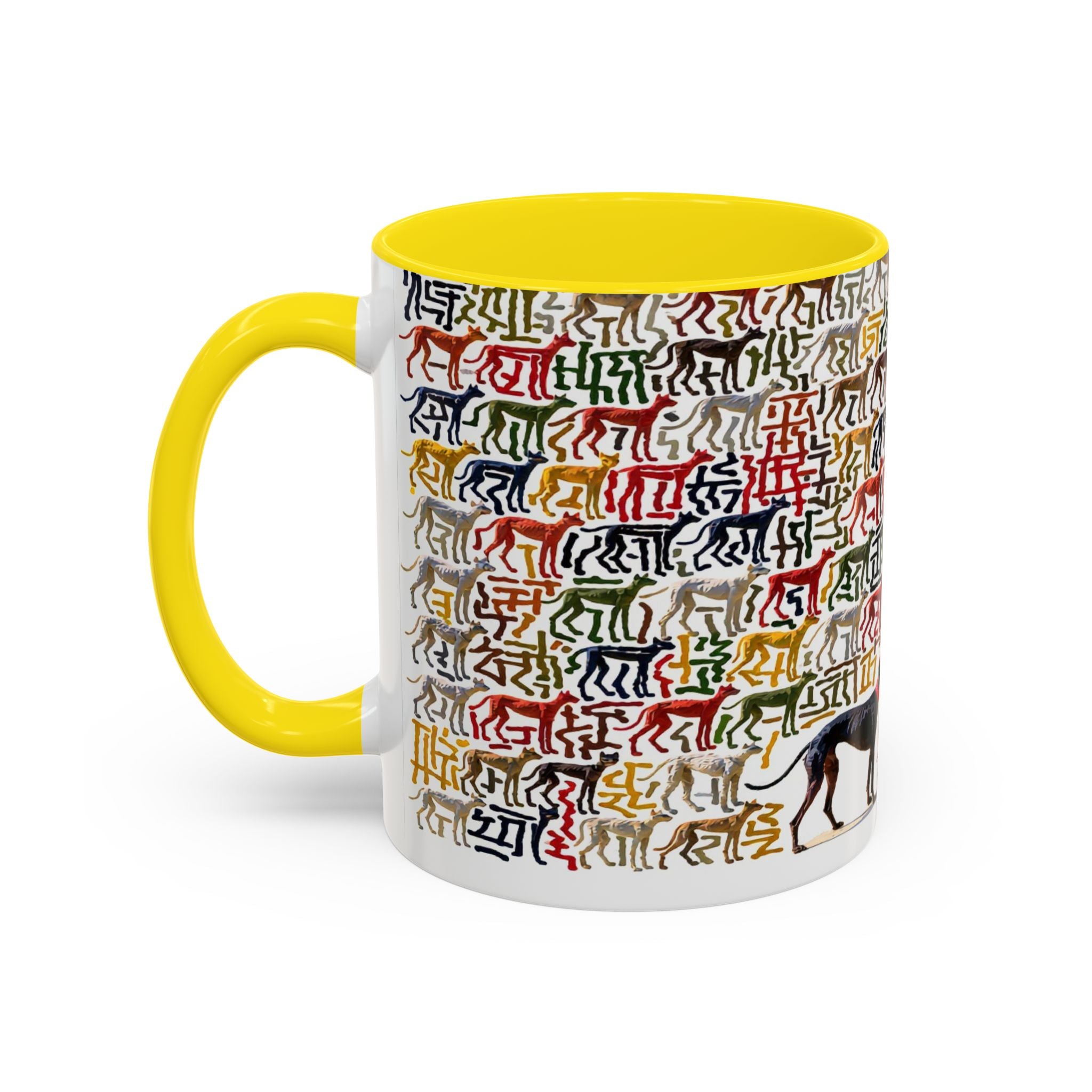 Greyhound Silhouette Accent Coffee Mug — Colorful Script Dog Pattern (11/15oz)