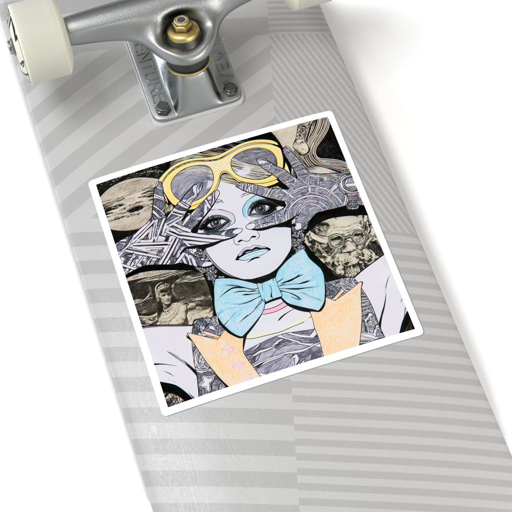 Surreal Vintage Girl Illustration Square Sticker — Retro Goggles & Bow Tie Art