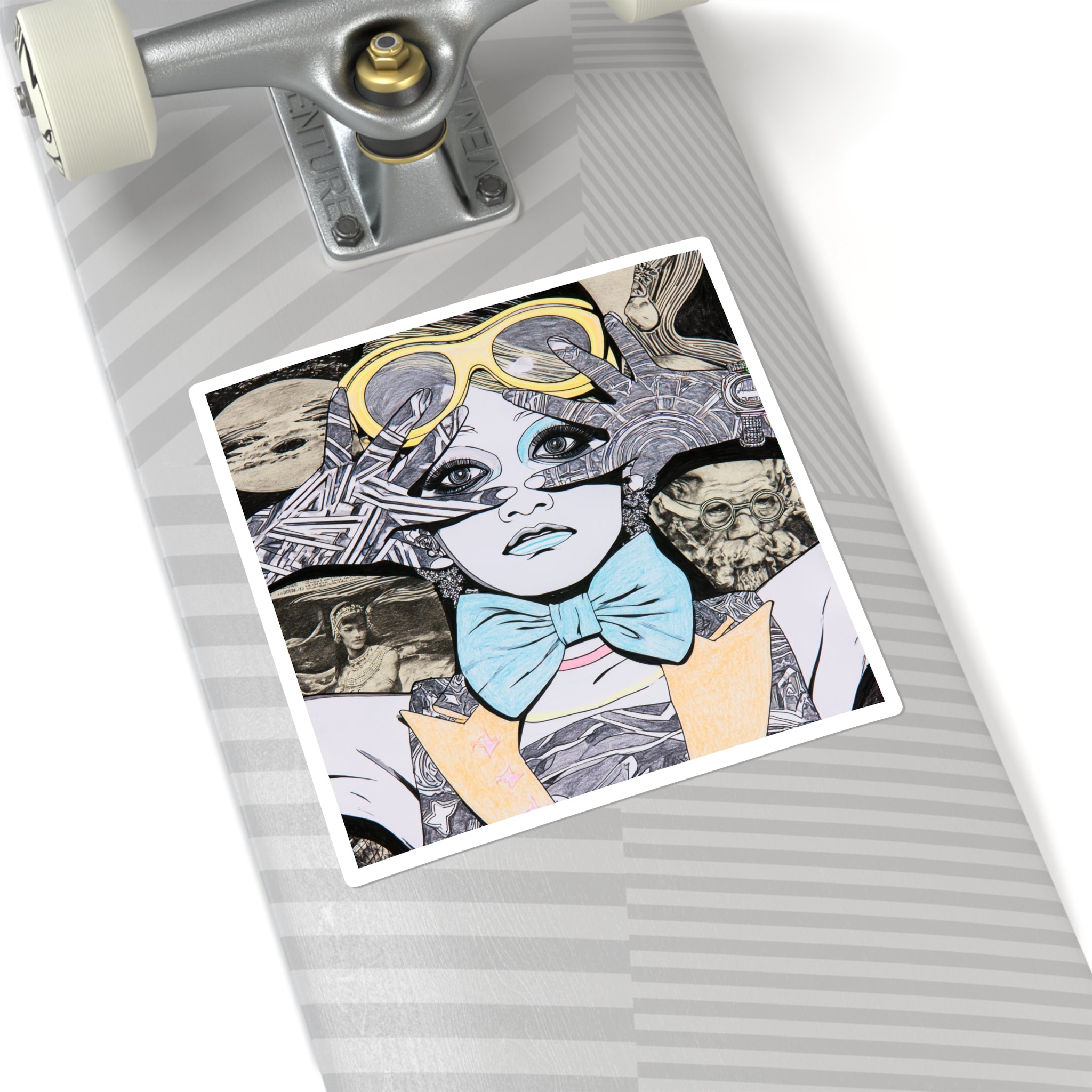 Surreal Vintage Girl Illustration Square Sticker — Retro Goggles & Bow Tie Art